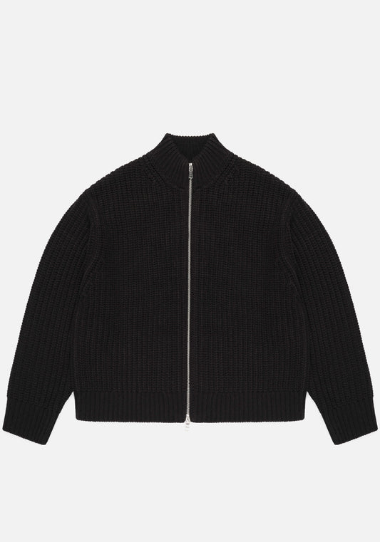 MKI Miyuki Zoku Chunky Rib Knit Track Jacket in Black at EQVVS. Flat Front Shot.