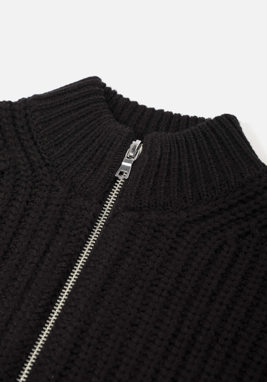 MKI Miyuki Zoku Chunky Rib Knit Track Jacket in Black at EQVVS. Flat Neck Shot.