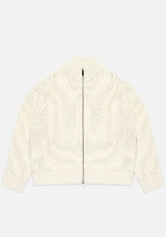 MKI Miyuki Zoku Chunky Rib Knit Track Jacket in Off White at EQVVS. Flat Front Shot.