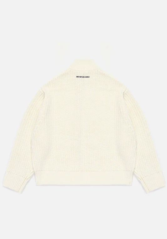 MKI Miyuki Zoku Chunky Rib Knit Track Jacket in Off White at EQVVS. Flat Back Shot.