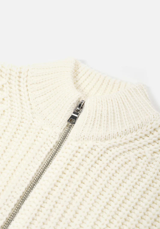 MKI Miyuki Zoku Chunky Rib Knit Track Jacket in Off White at EQVVS. Flat Neck Shot.