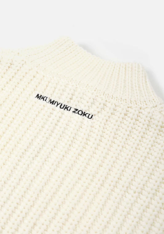 MKI Miyuki Zoku Chunky Rib Knit Track Jacket in Off White at EQVVS. Flat Detail Shot.