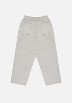 Mohair Blend Knit Wide Leg Joggers in Light Grey by MKI MIYUKI ZOKU at EQVVS . Flat Back Shot. 