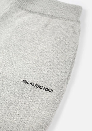 Mohair Blend Knit Wide Leg Joggers in Light Grey by MKI MIYUKI ZOKU at EQVVS . Detail Shot. 