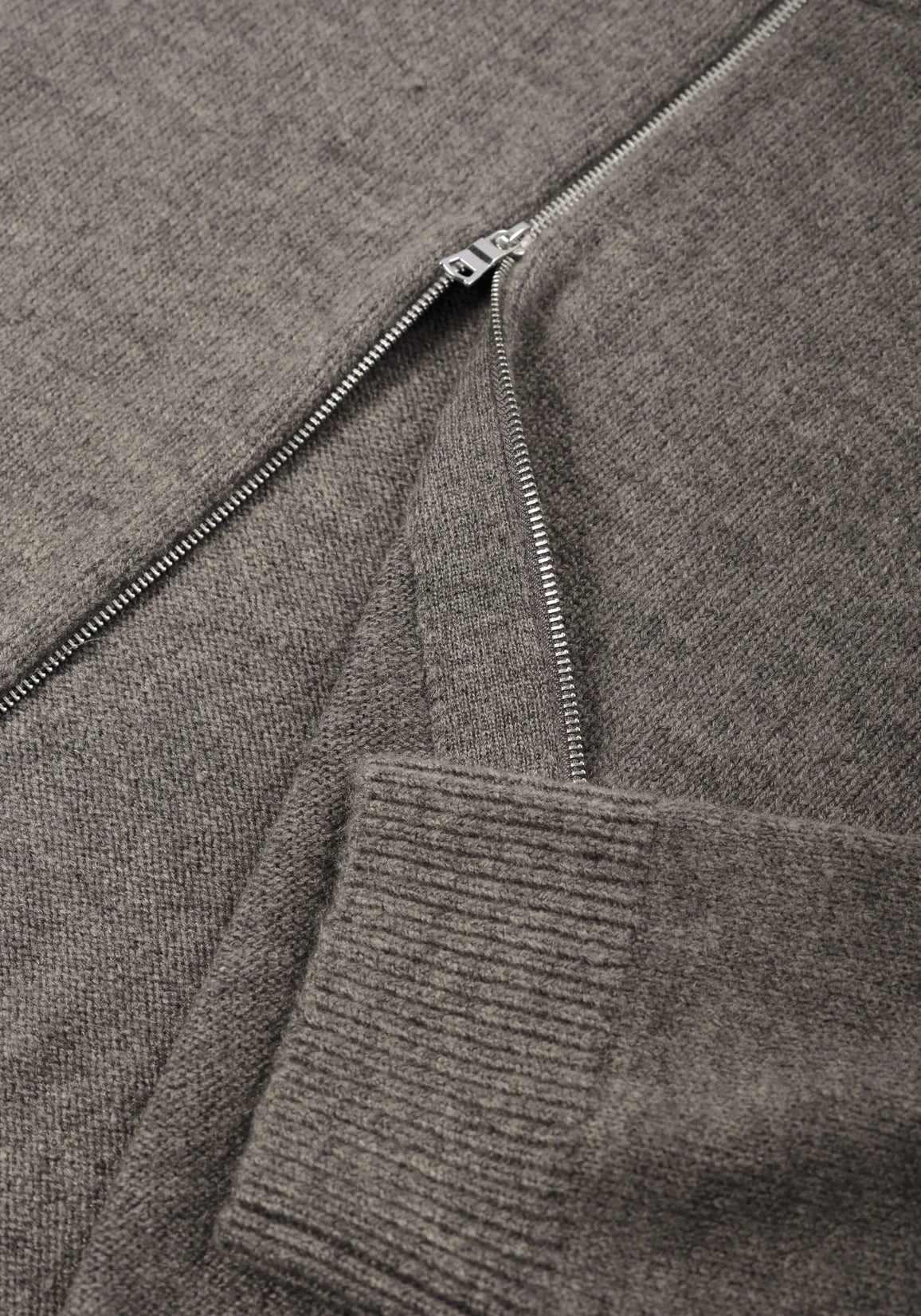 MKI MIYUKI ZOKU Mohair Blend Knit Track Jacket in Brown Marl at EQVVS Menswear. Detail Zip Shot. 