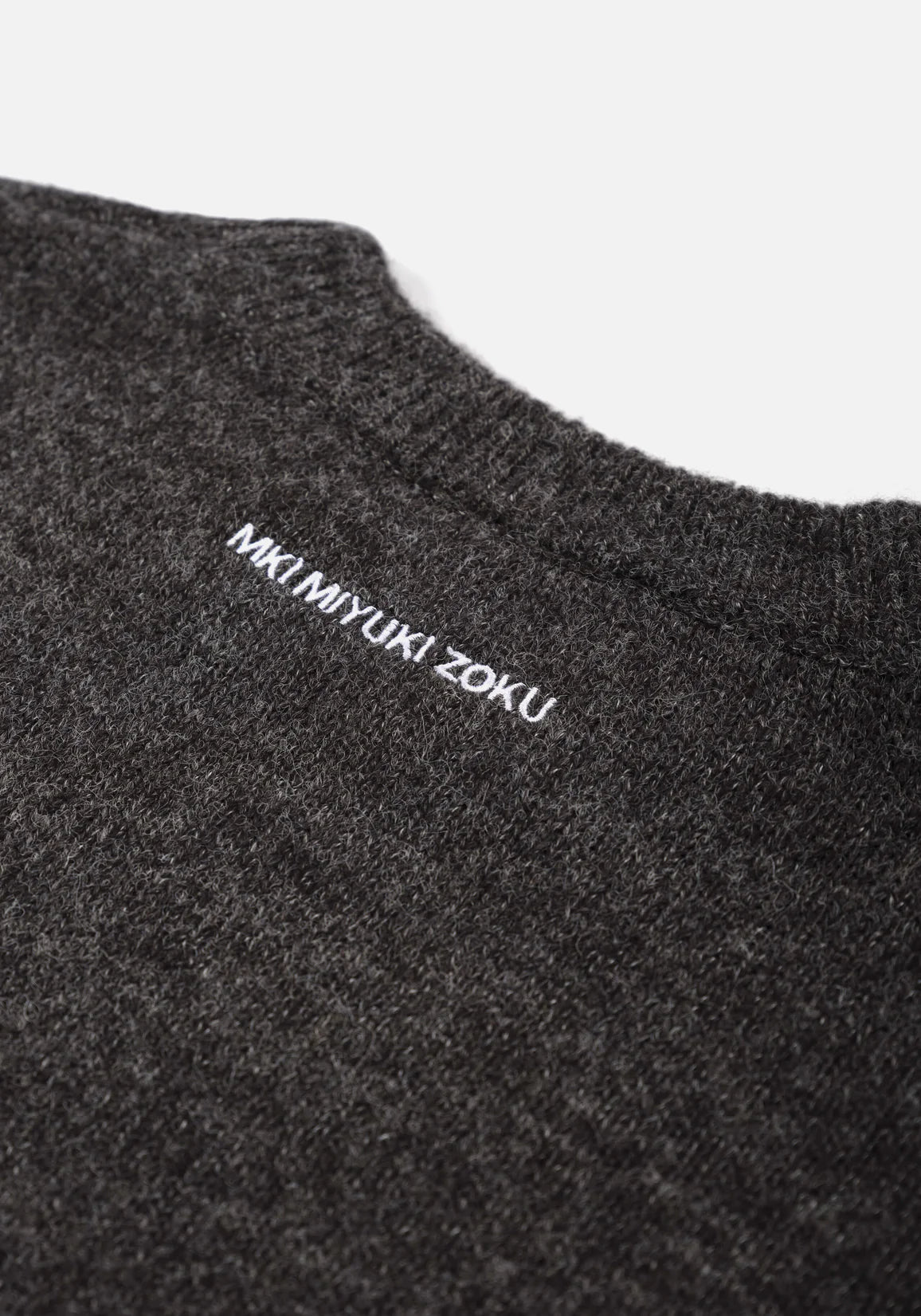 Detail shot, Mohair Blend Knit Jumper by MKI Miyuki Zoku in Charcoal.