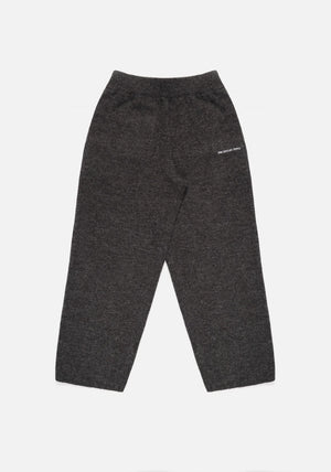 Mohair Blend Knit Wide Leg Joggers in Charcoal by MKI MIYUKI ZOKU at EQVVS. Front Flat Shot. 