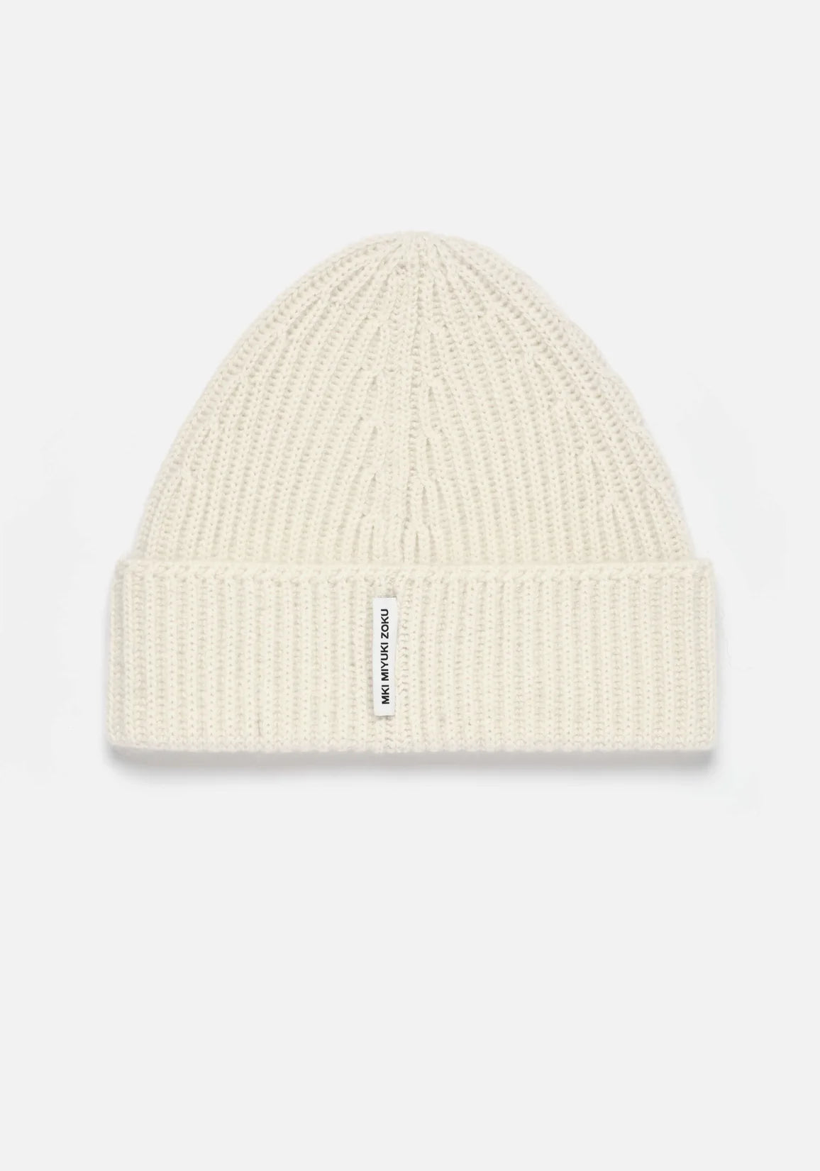 MKI Miyuki Zoku Off White Cashmere Ribbed Beanie at EQVVS Menswear. Main image. 