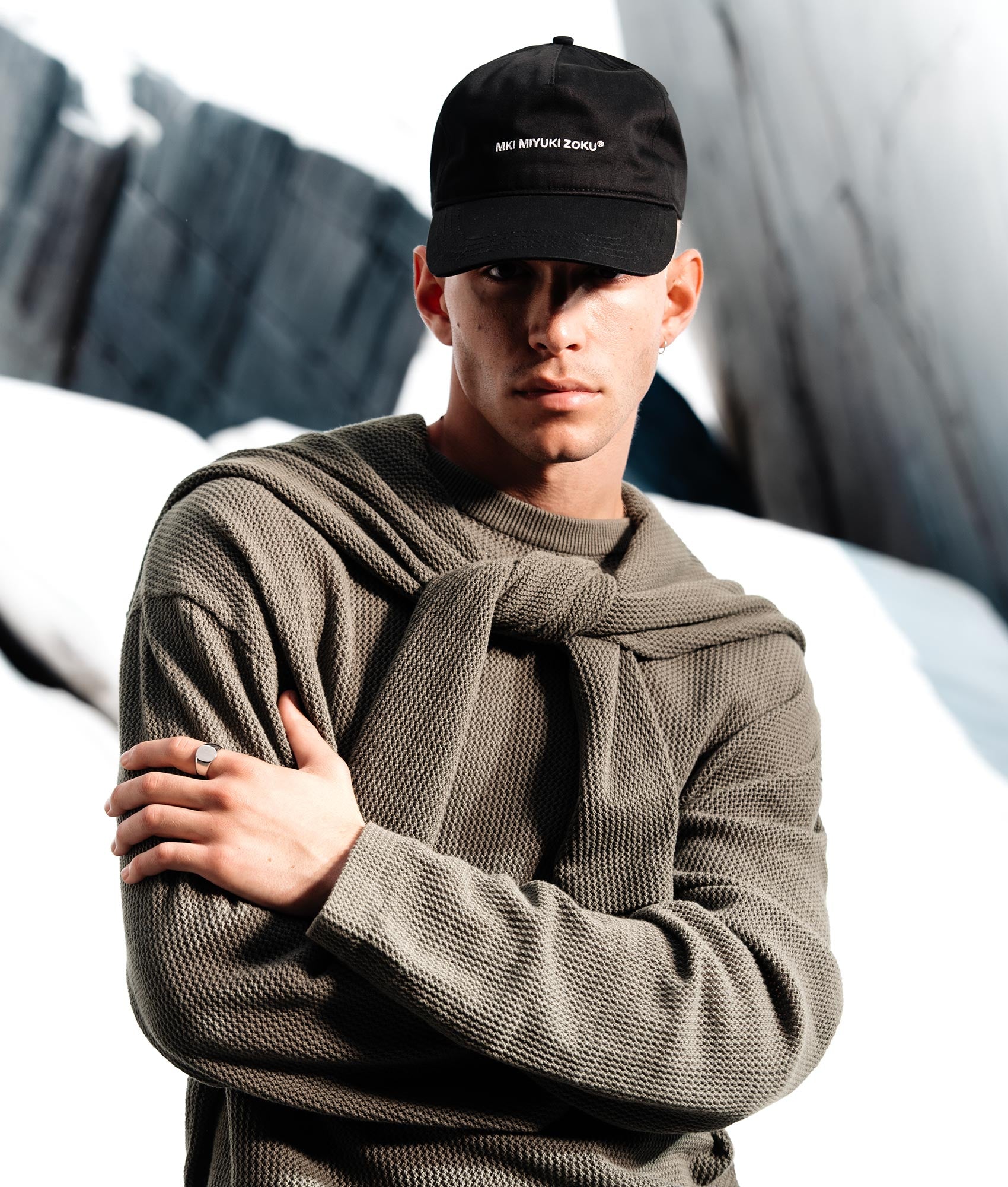 Classic Baseball Cap in Black by MKI MIYUKI ZOKU. EQVVS Campaign Shot.