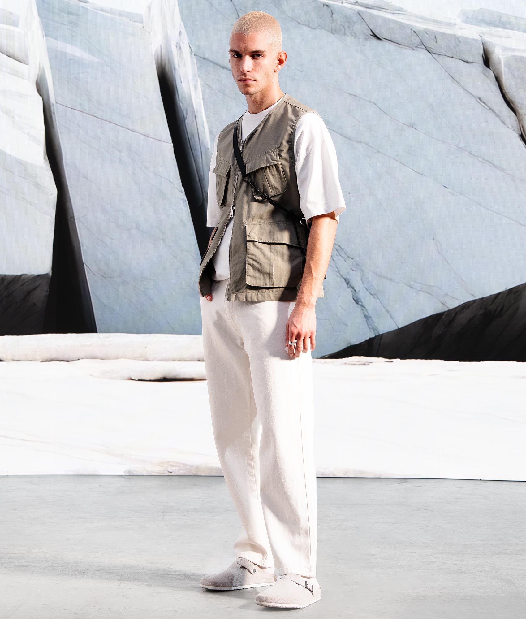 Oversized Ripstop Cargo Vest in Sage Green by MKI MIYUI ZOKU. EQVVS Campaign Shot. 