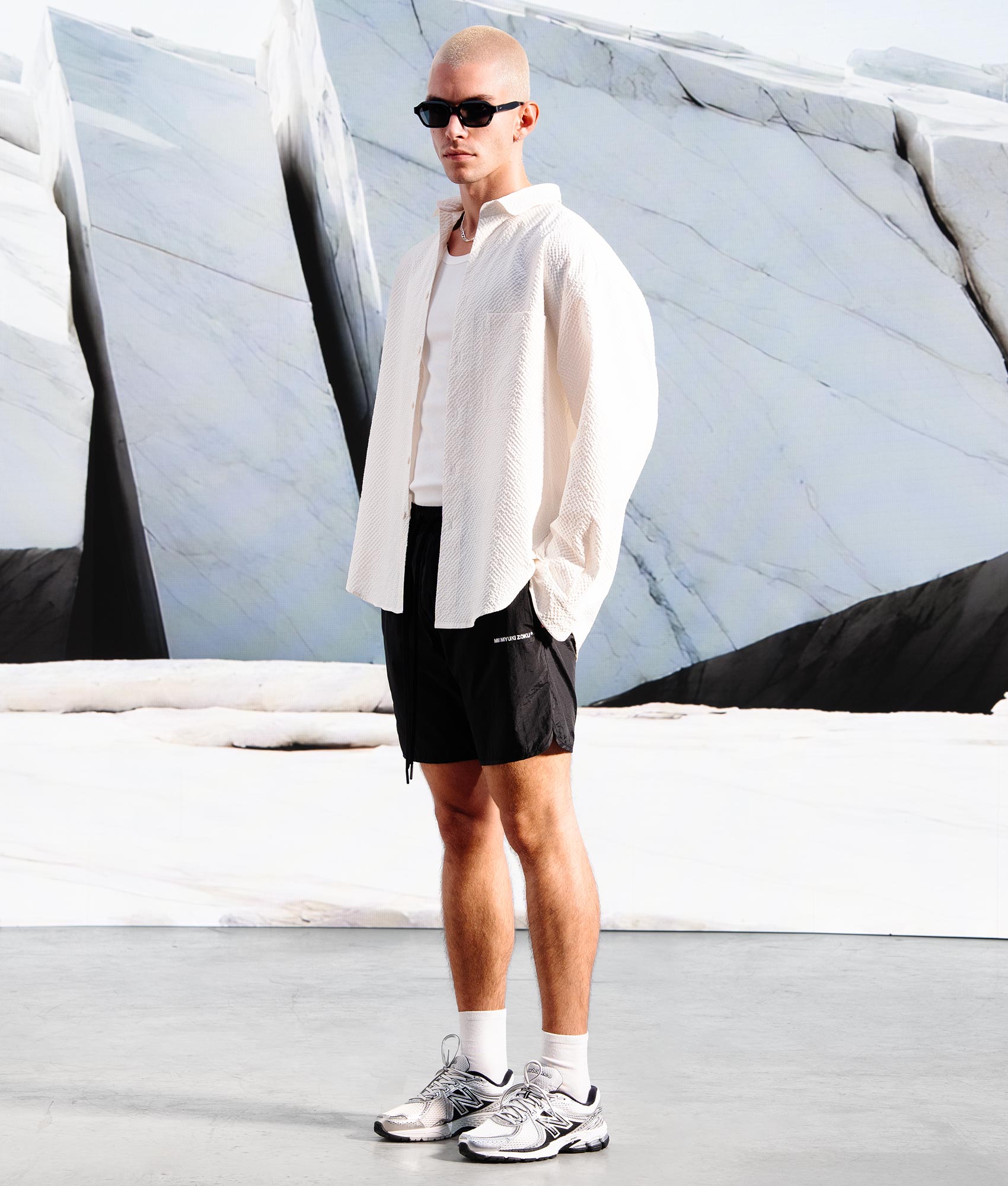 Oversized Seersucker Dress Shirt in White by MKI MIYUKI ZOKU. EQVVS Campaign Shot.
