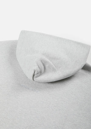 MKI MIYUKI ZOKU 800 GSM Superweight Hoodie in Grey at EQVVS. Detail Shot. 