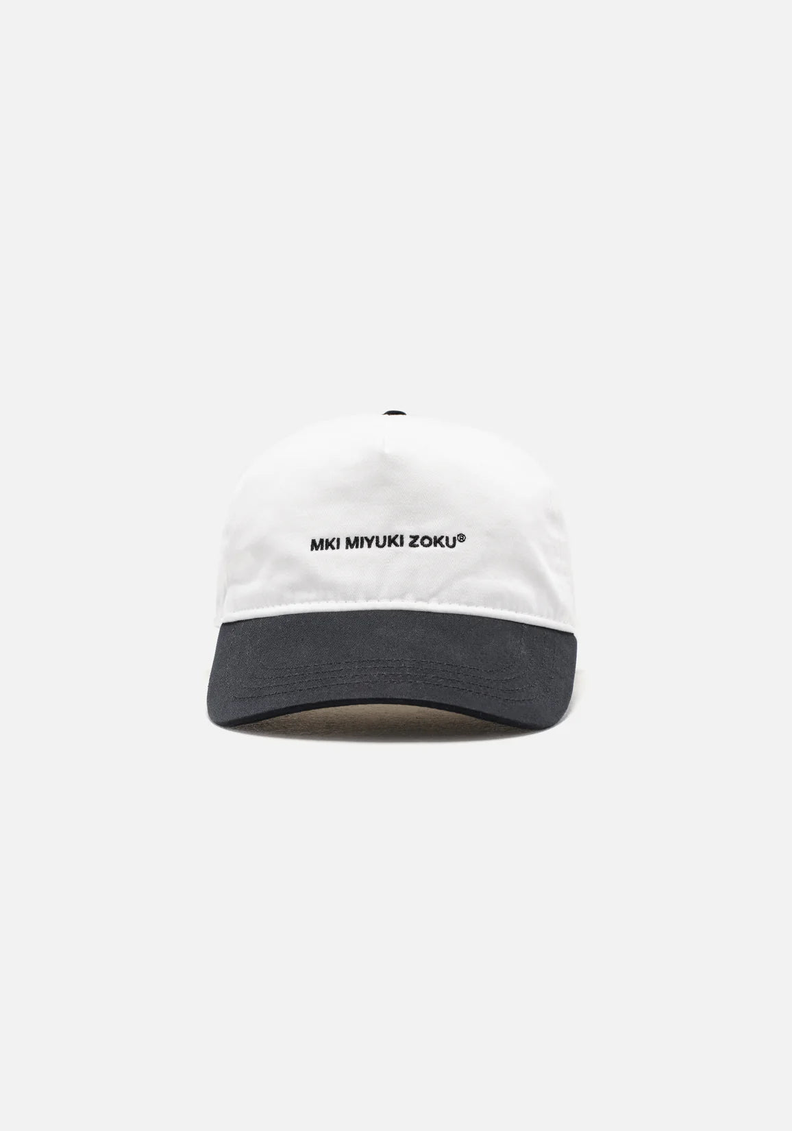 V2 Twill Ball Cap in Contrast White and Black by MKI MIYUKI ZOKU at EQVVS. Front Angle Shot. 