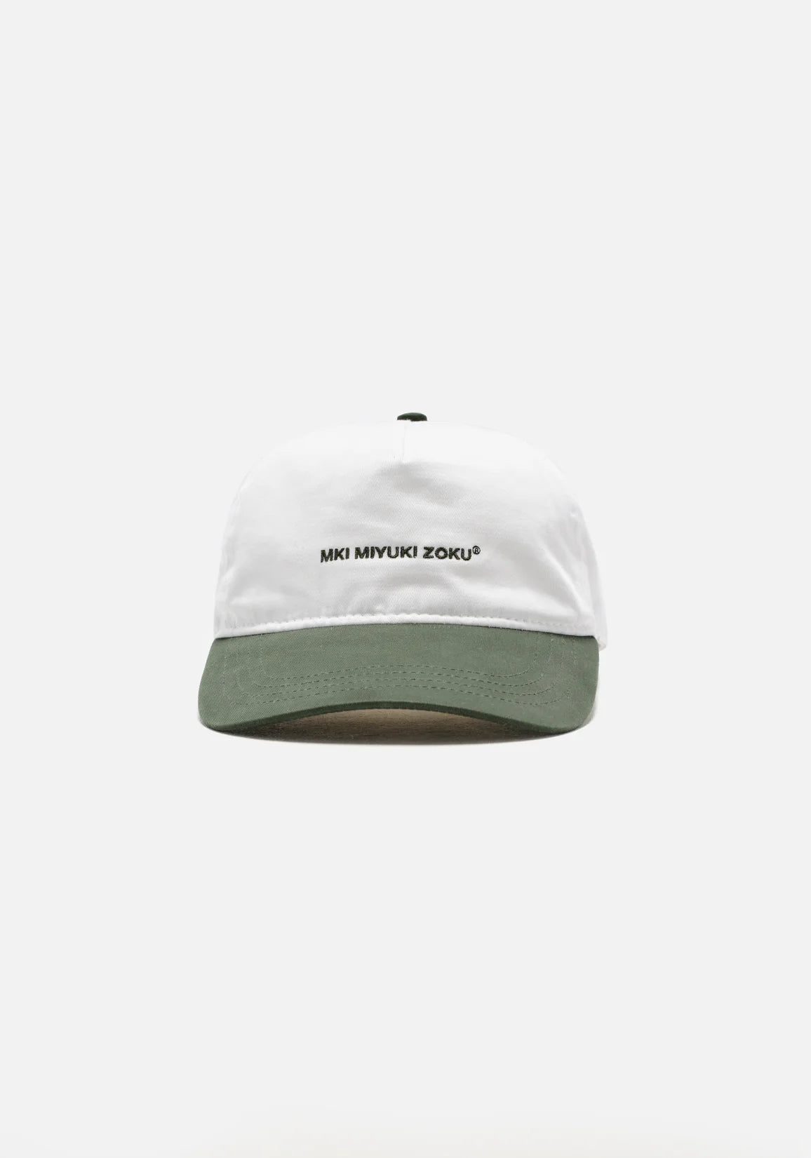 V2 Twill Ball Cap in Contrast Green by MKI MIYUKI ZOKU at EQVVS. Front Detail Shot. 