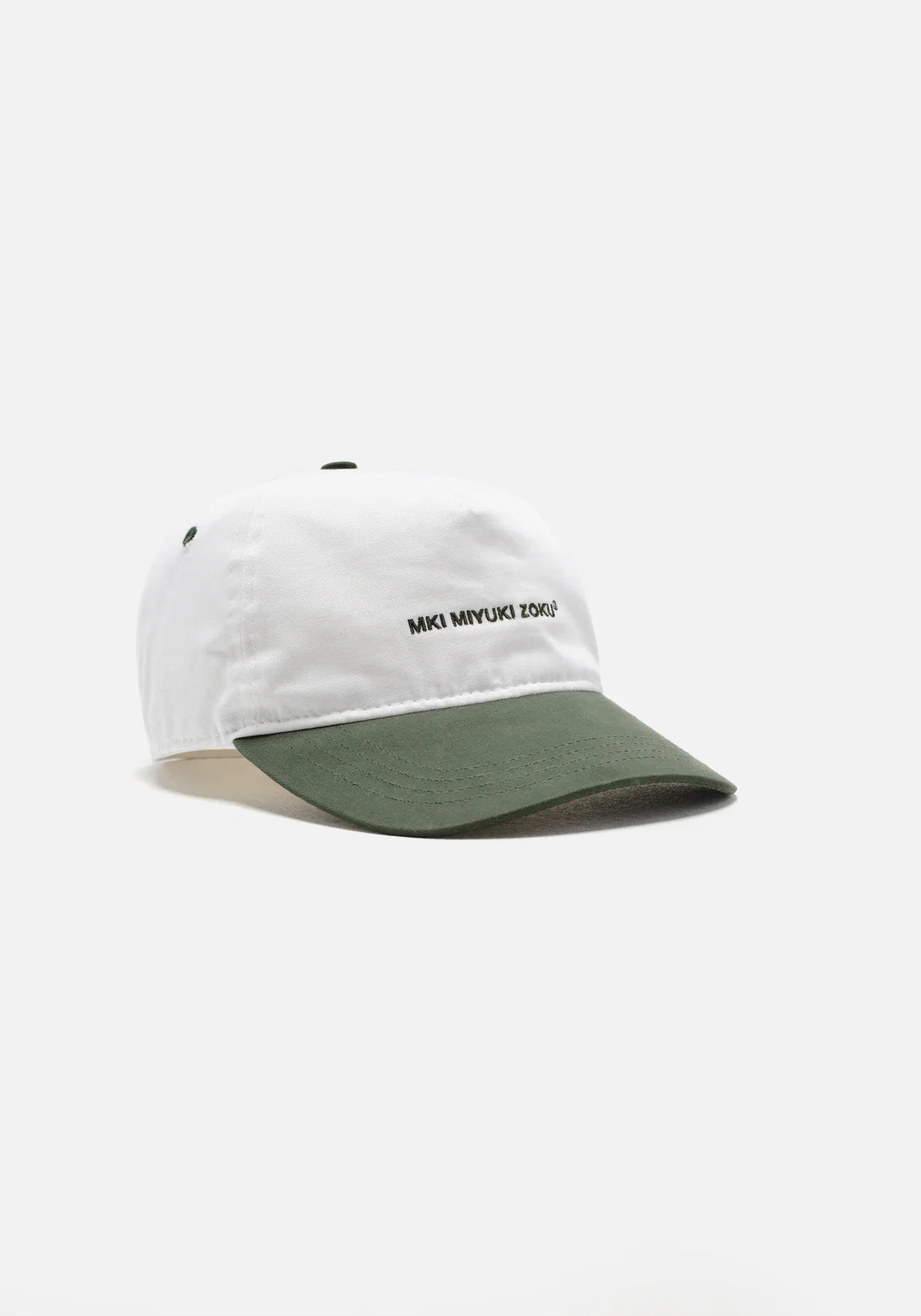 V2 Twill Ball Cap in Contrast Green by MKI MIYUKI ZOKU at EQVVS. Side Detail Shot. 