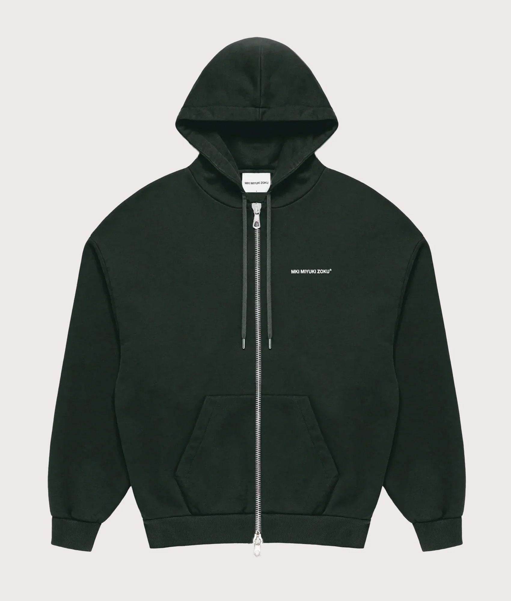 MKI MIYUKI ZOKU Oversized Uniform Zip Through Hoodie in Green at EQVVS Menswear. Front shot.