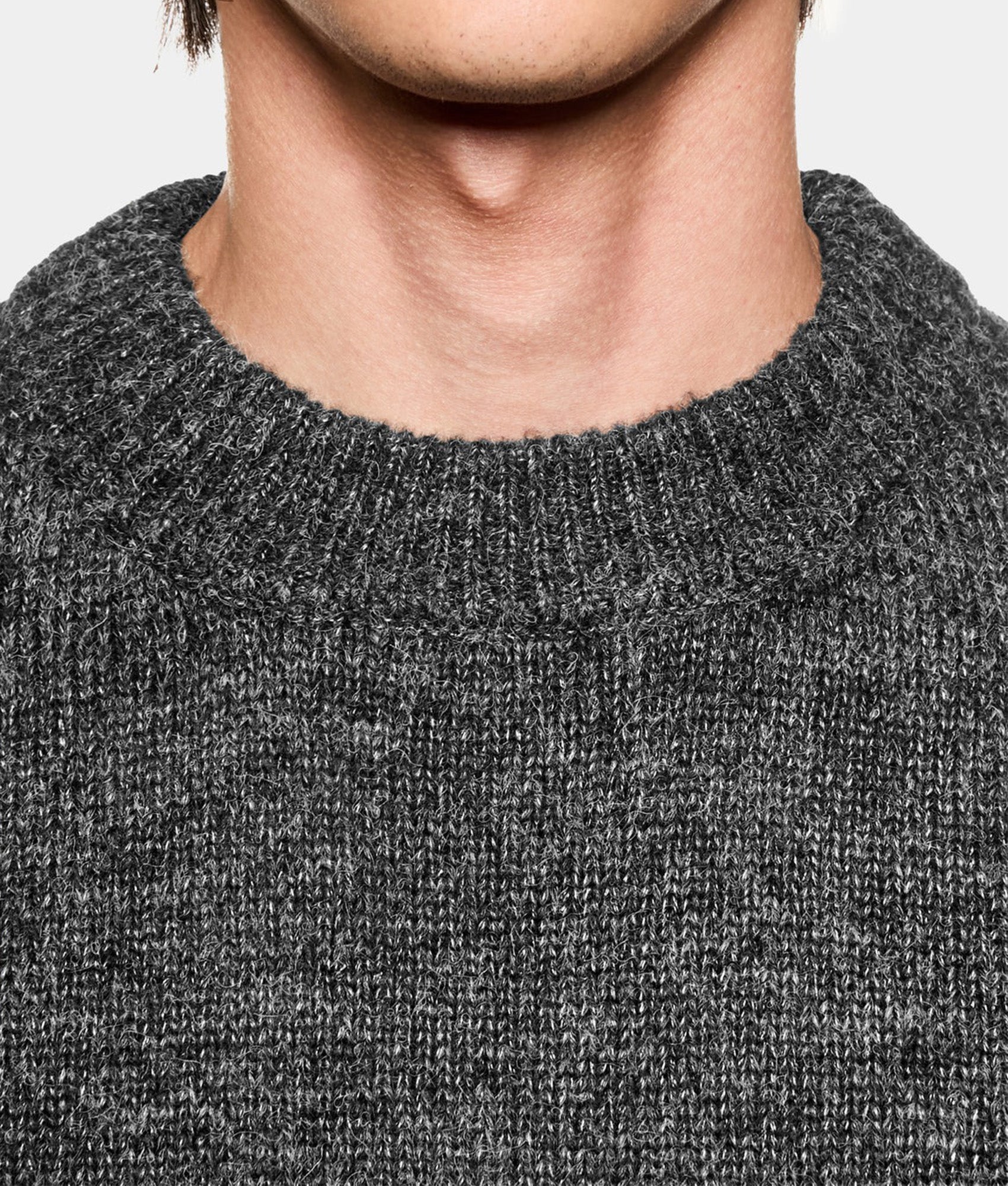 MKI MIYUKI ZOKU Mohair Blend Crewneck Jumper in Charcoal at EQVVS Menswear. Neckline detail shot.
