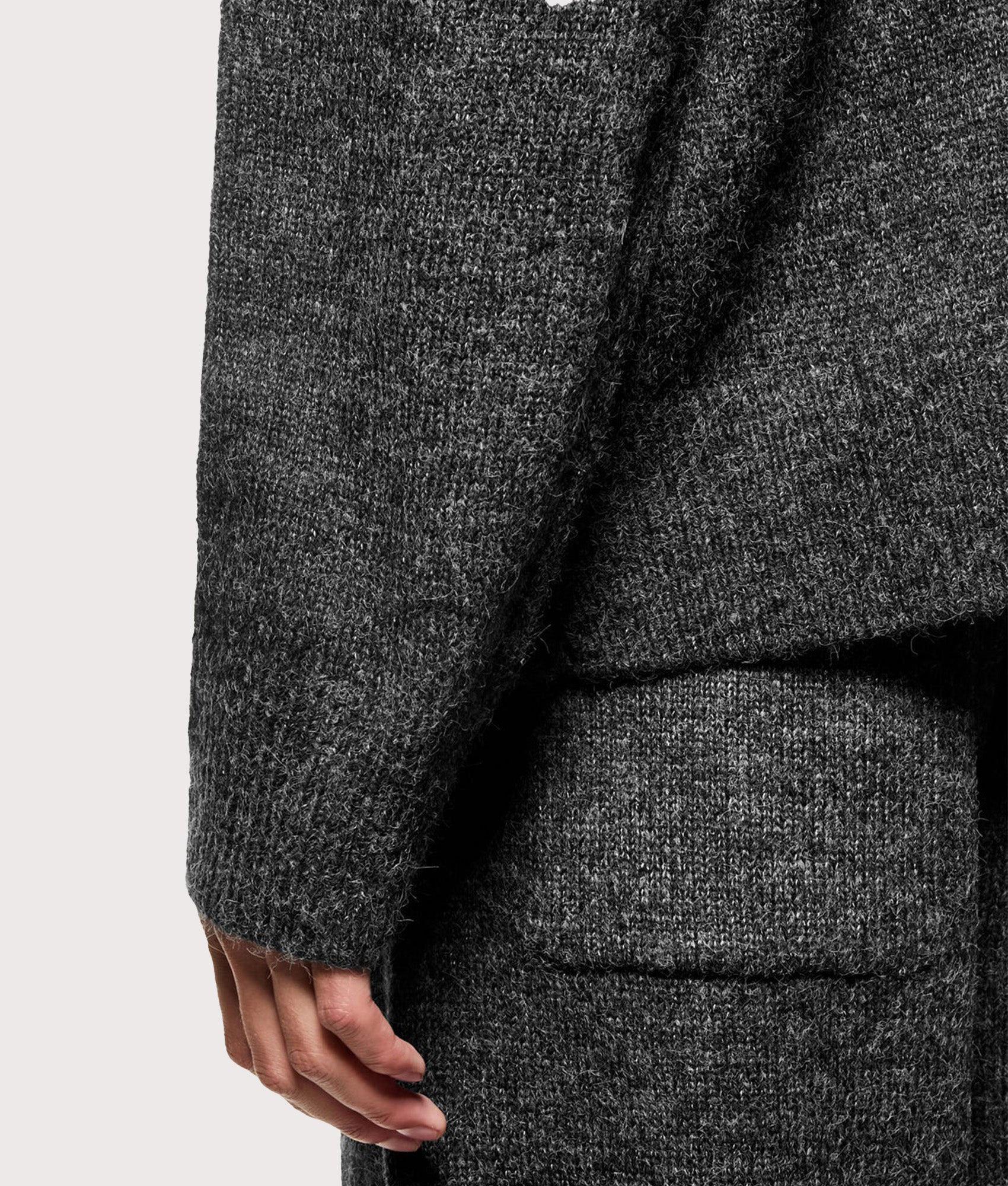 MKI MIYUKI ZOKU Mohair Blend Crewneck Jumper in Charcoal at EQVVS Menswear. Cuff detail shot.