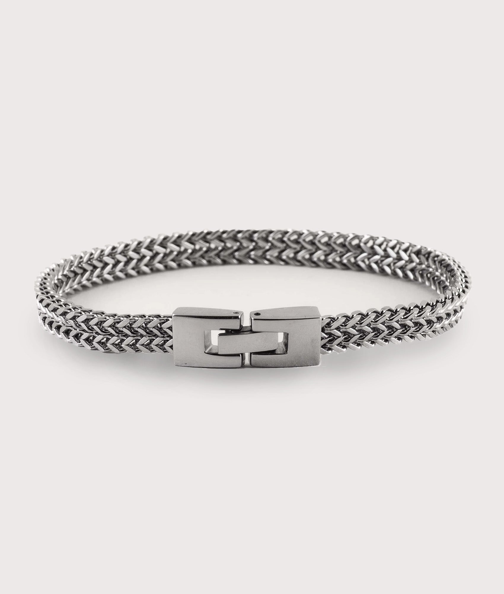 Mysterious Jeweller Stainless Steel Keel Link Bracelet 21cm Silver at EQVVS Menswear. Front shot.