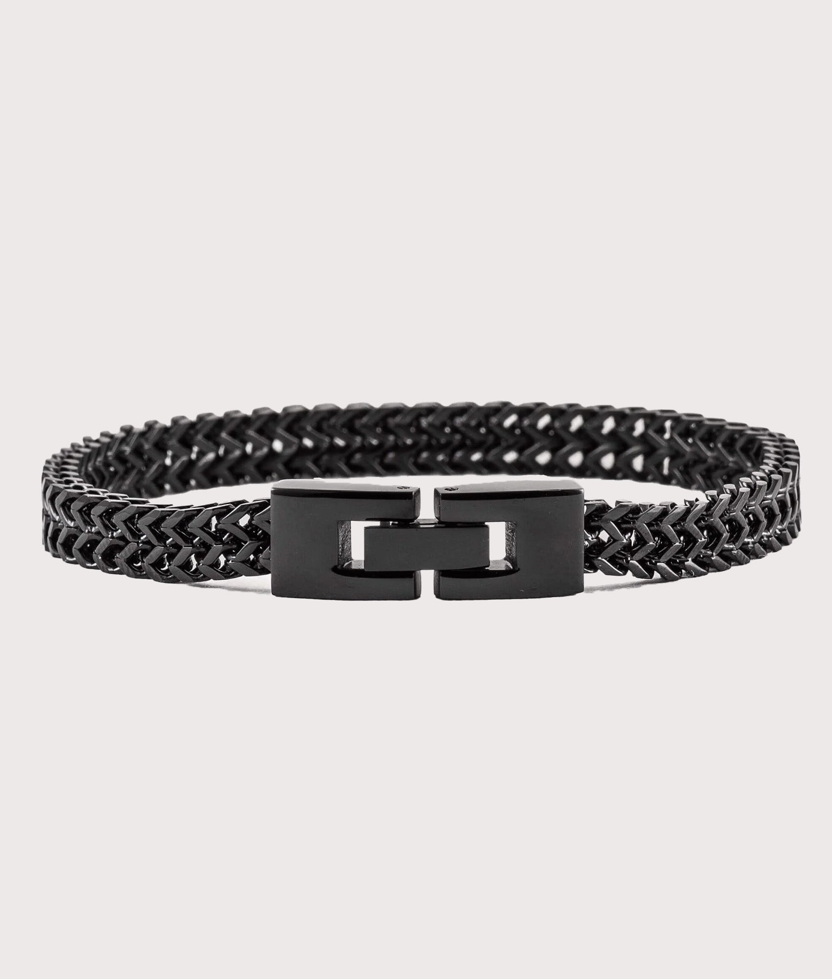 Mysterious Jeweller Stainless Steel Keel Link Bracelet 21cm in Black at EQVVS Menswear. Flat shot.