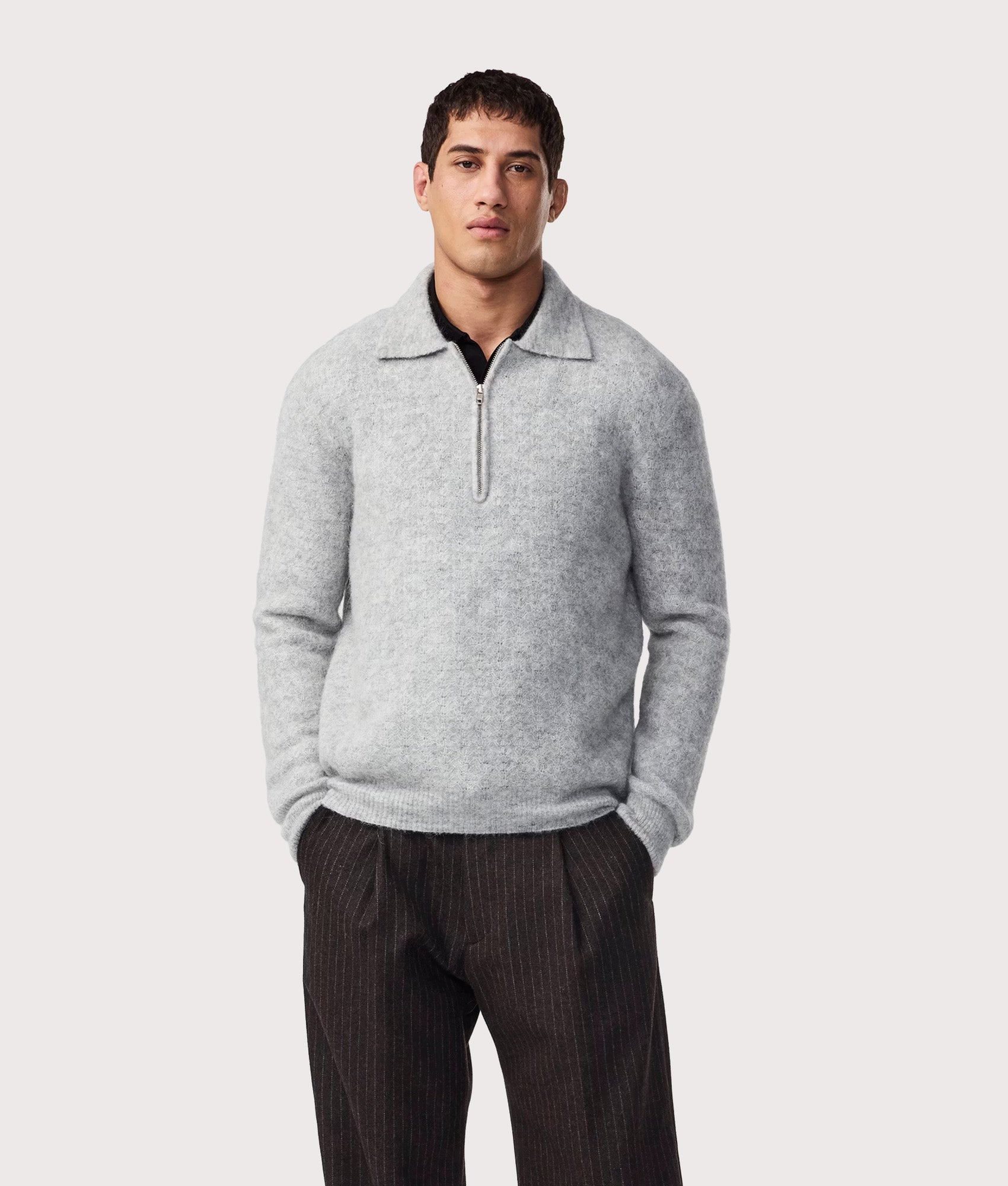 NN.07 Alfie Quarter Zip Polo Sweatshirt in Sable Grey at EQVVS Menswear. Model front shot. 