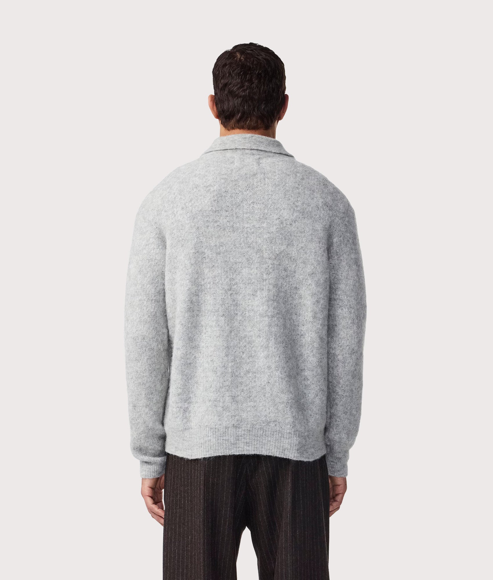 NN.07 Alfie Quarter Zip Polo Sweatshirt in Sable Grey at EQVVS Menswear. Model Back shot.