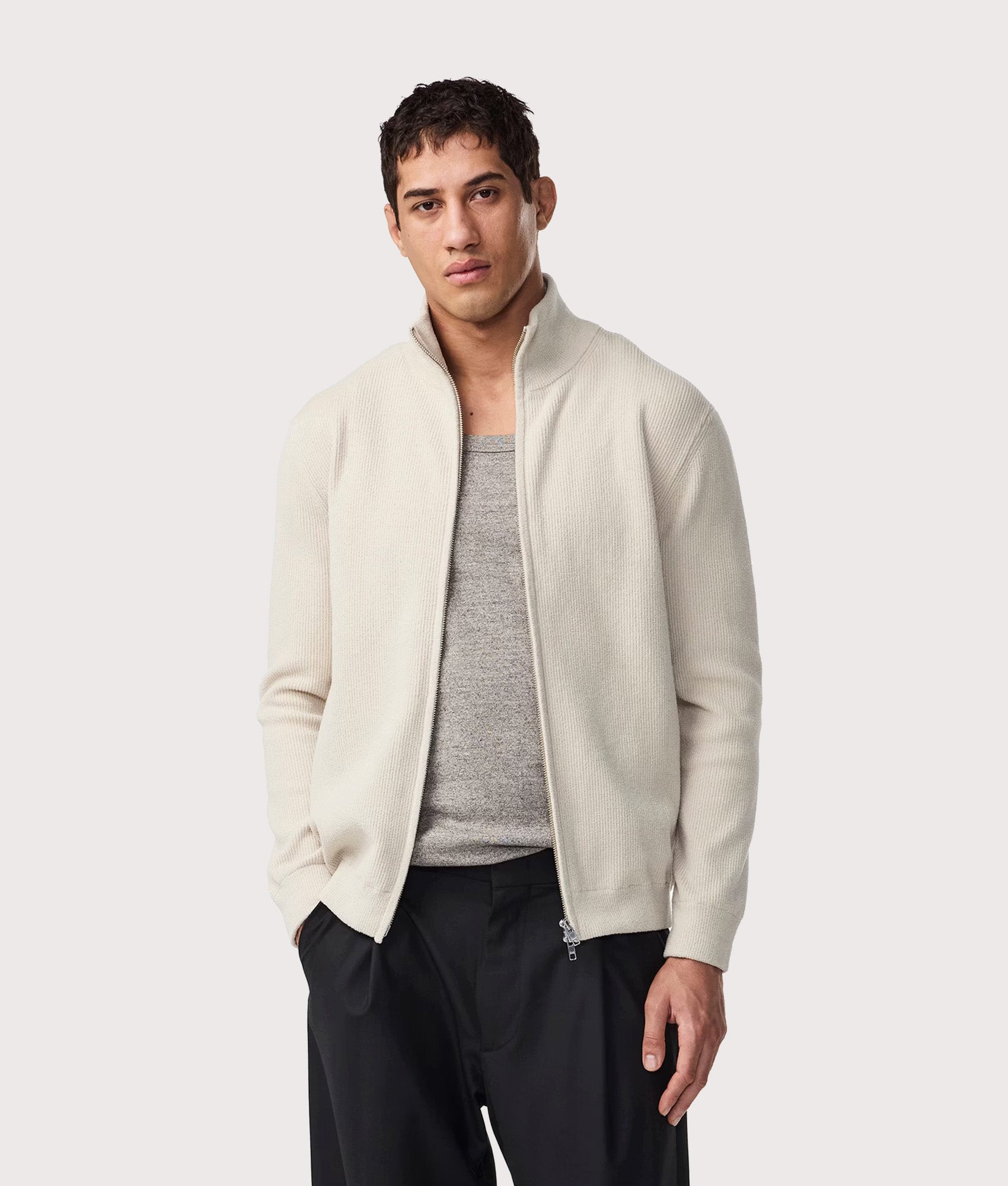 NN.07 Danny Full Zip Fleece Sweatshirt in Ecruat EQVVS Menswear. Model front shot.