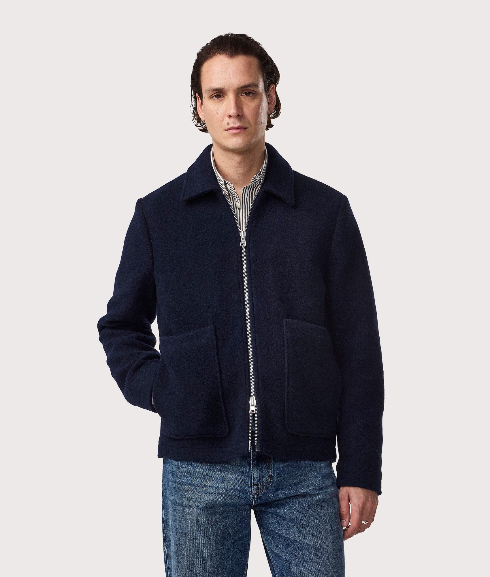 NN.07 Gael Wool Jacket in Dark Blue at EQVVS Menswear. Model front shot.
