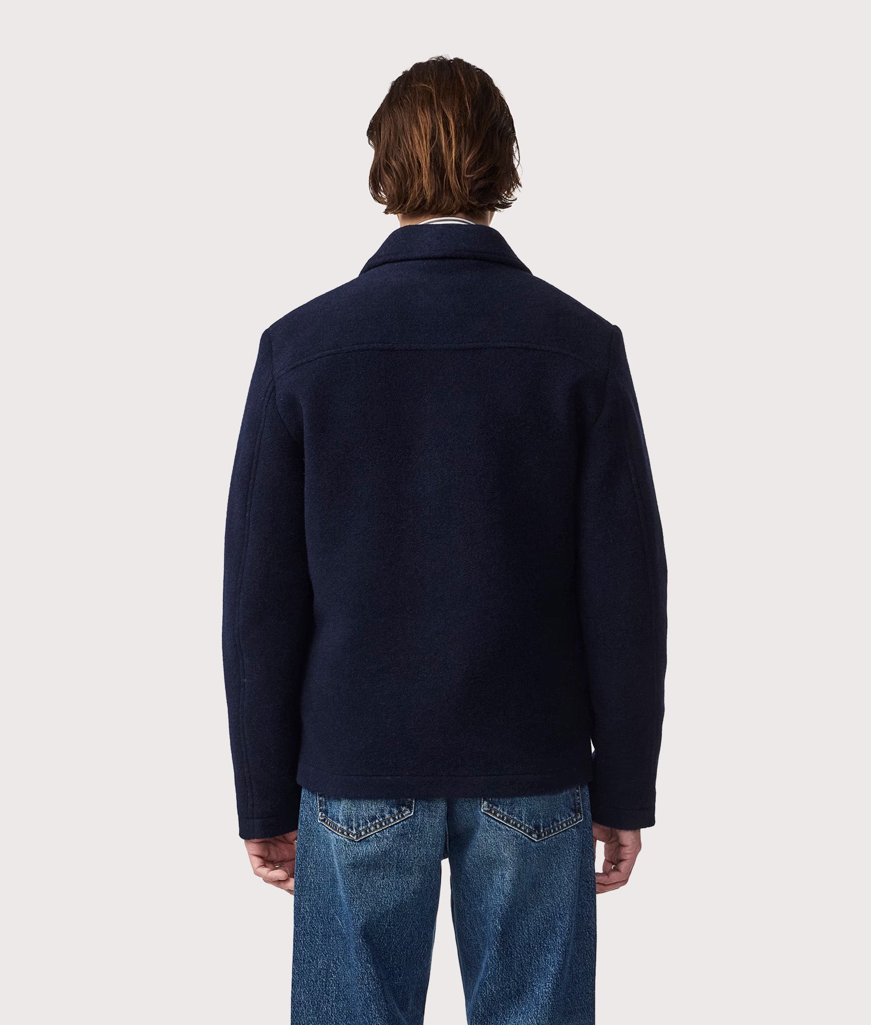 NN.07 Gael Wool Jacket in Dark Blue at EQVVS Menswear. Model Back shot.