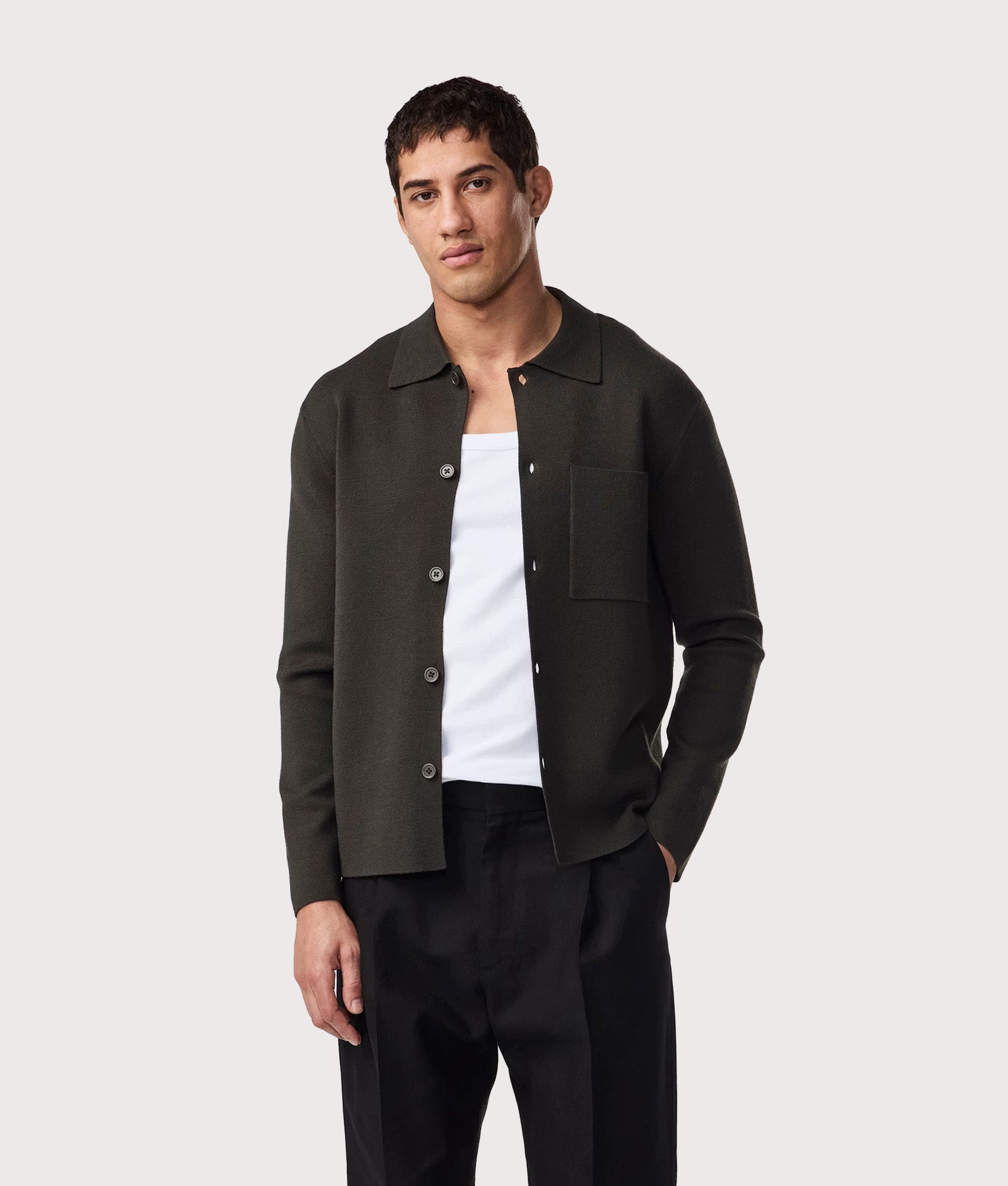 NN.07 Jonas Wool Overshirt in Dark Army at EQVVS Menswear. Model front shot.