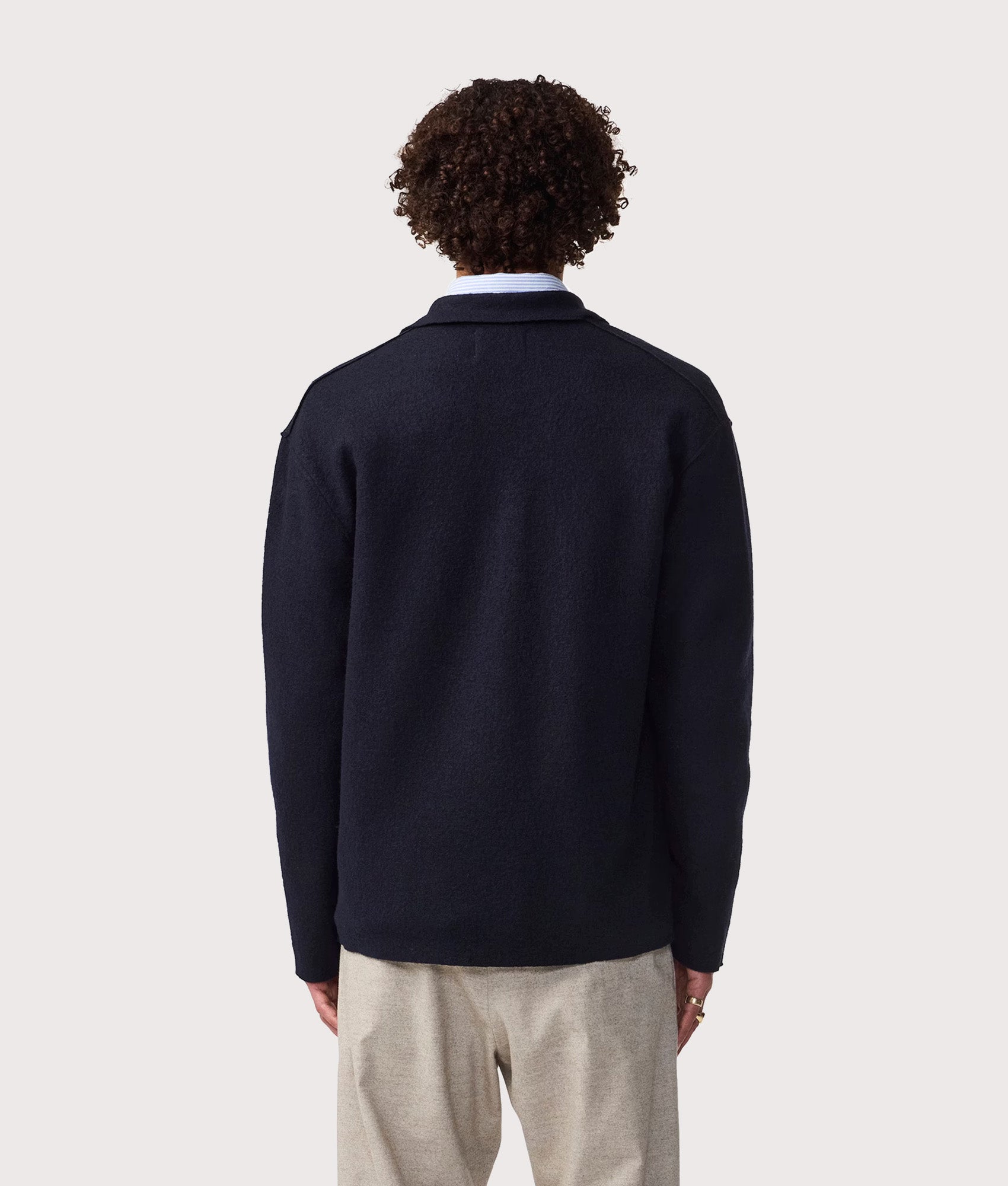 NN.07 Jonas Wool Overshirt in Navy Blue at EQVVS Menswear. Model back shot.