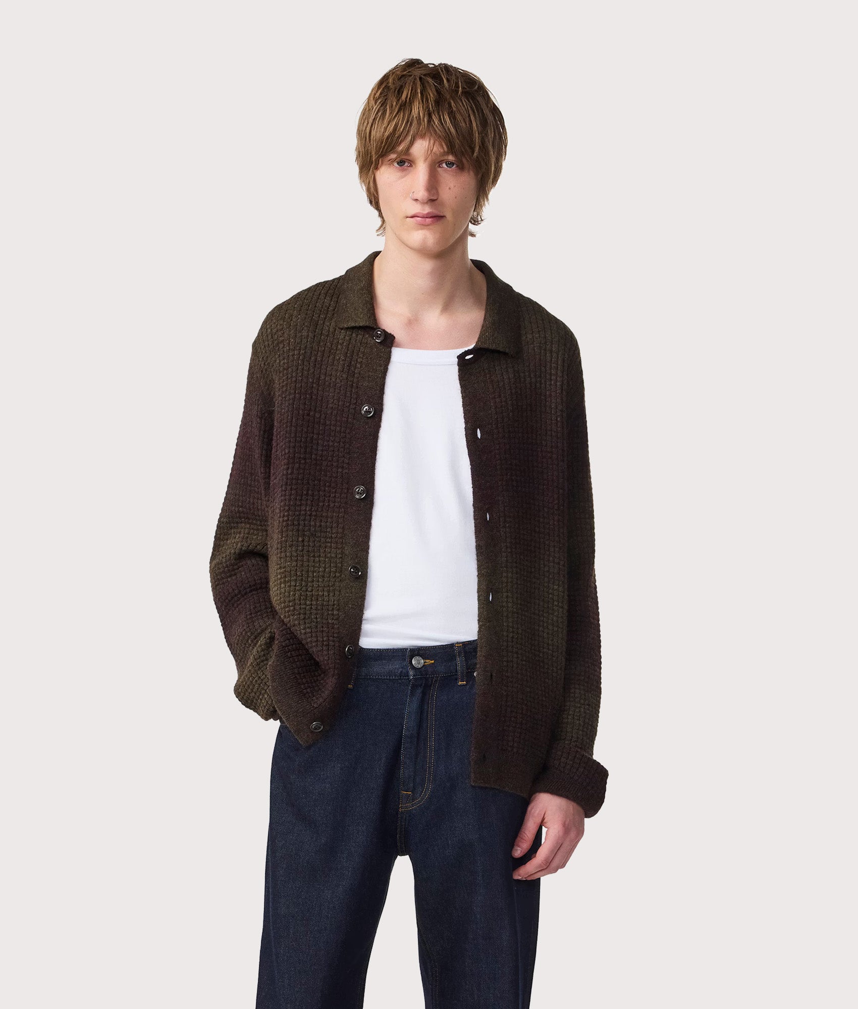 NN.07 Thor Cardigan Polo in Dark Army at EQVVS Menswear. Model front shot.