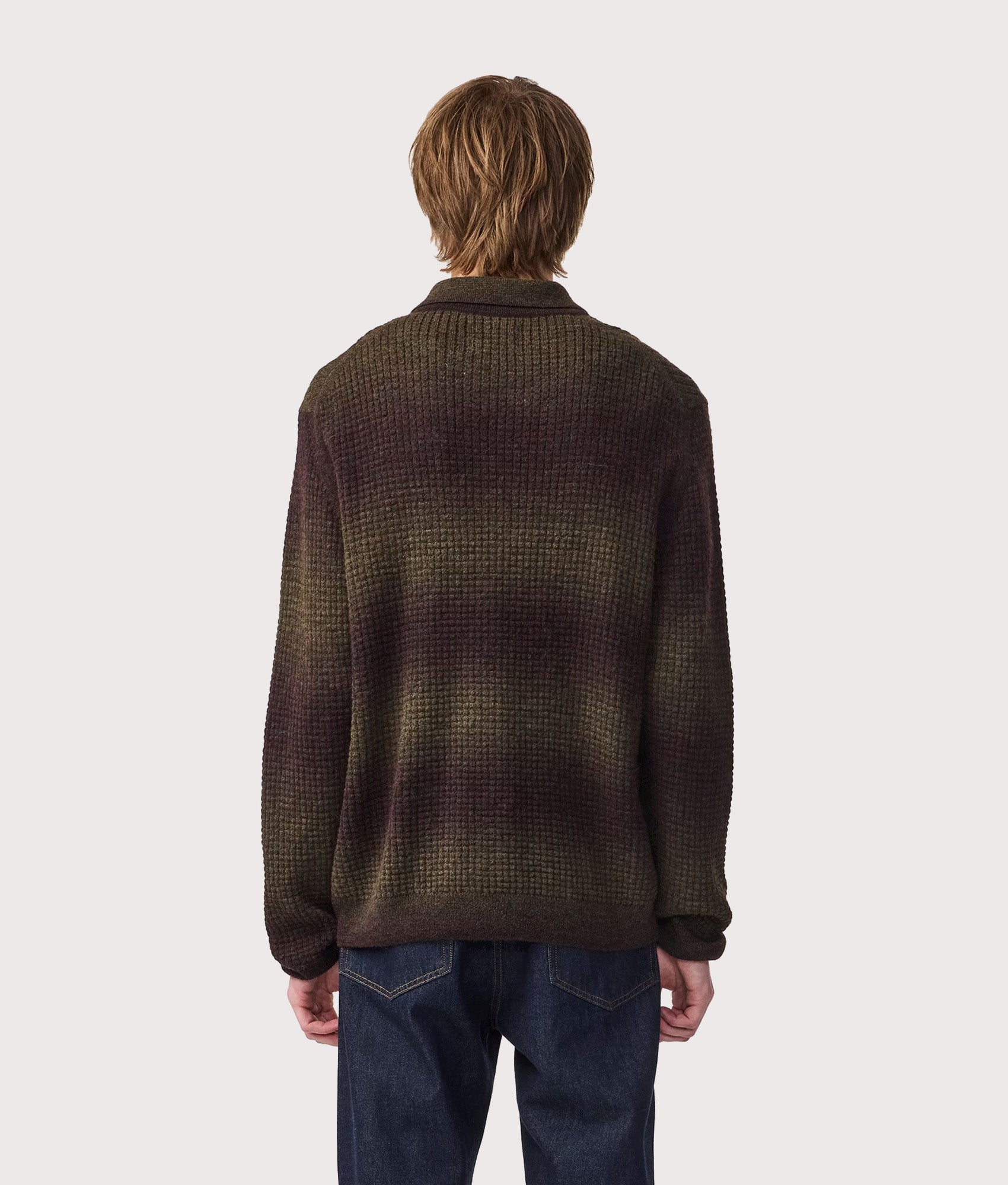 NN.07 Thor Cardigan Polo in Dark Army at EQVVS Menswear. Model Back shot.