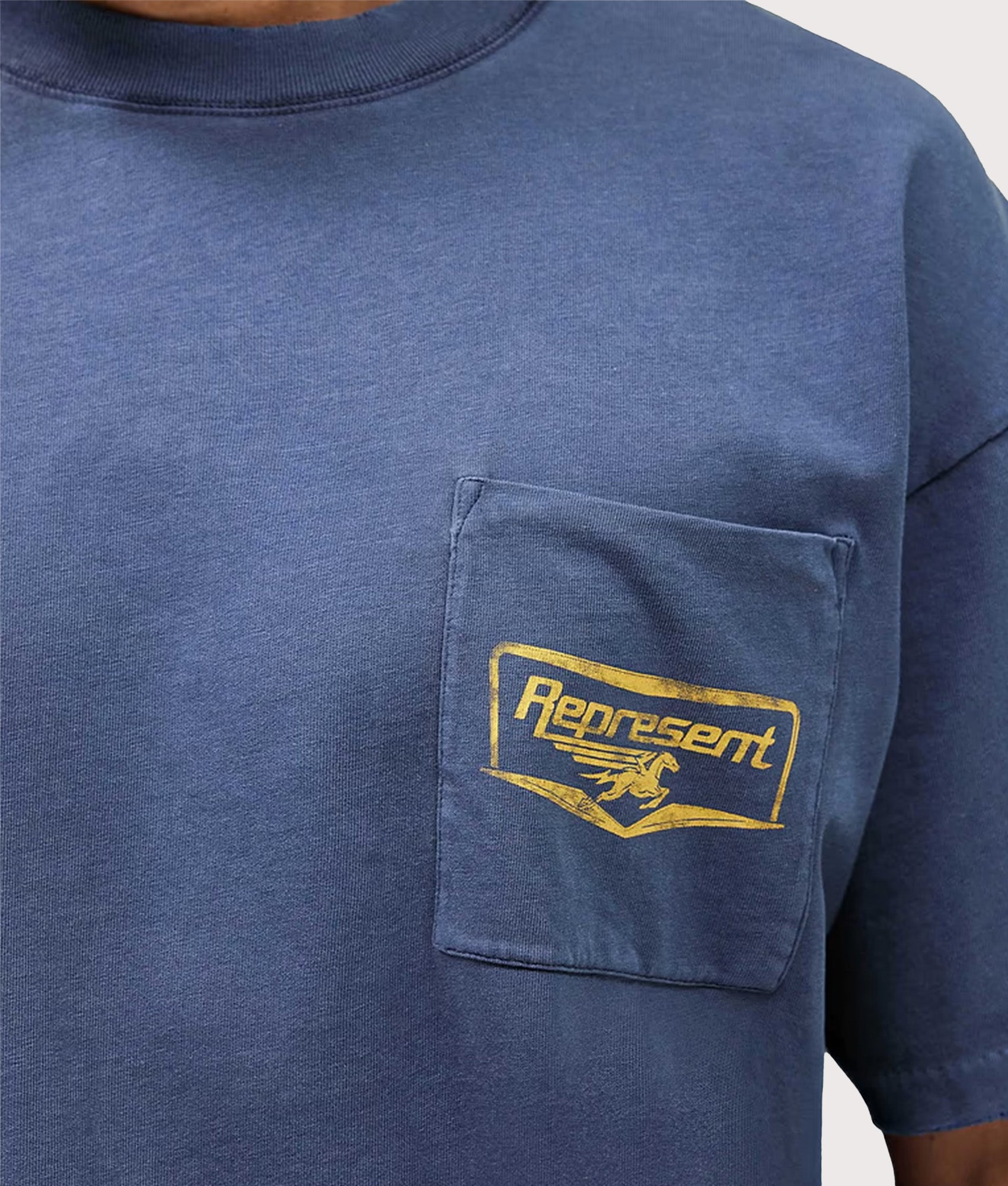 Represent Nothing Faster T-Shirt in Indigo at EQVVS Menswear. Detail shot.