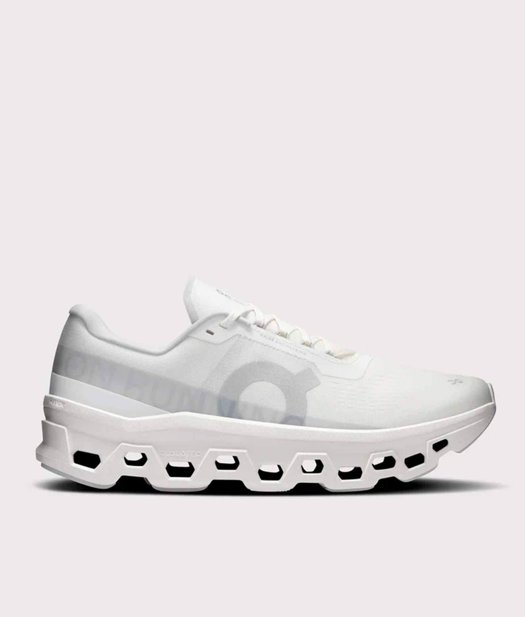 On Cloudmonster 1 Sneakers in White/White at EQVVS Menswear. Side shot.