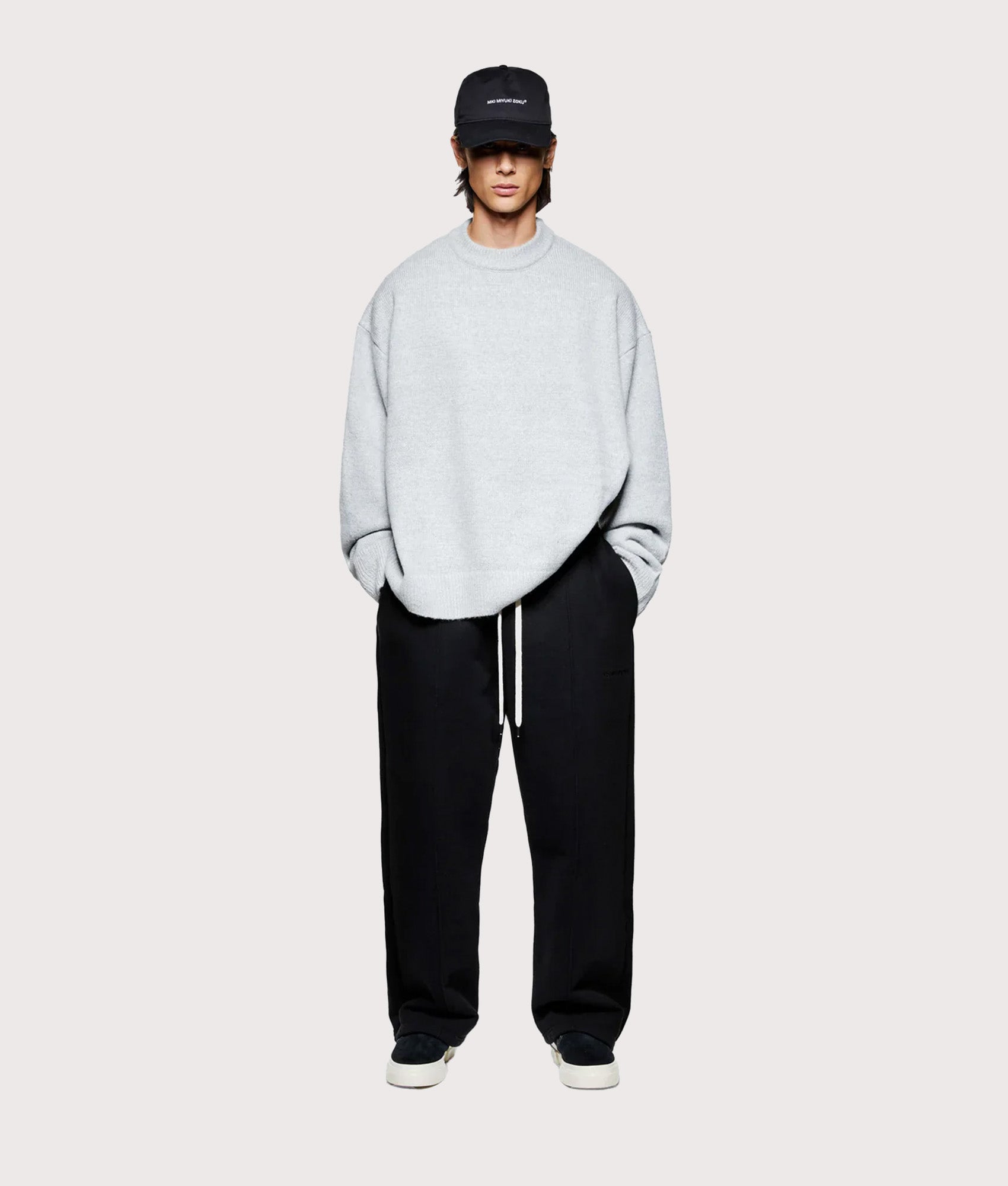 MKI Miyuki Zoku Oversized Mohair Blend Knit Crew Jumper in Light Grey at EQVVS Menswear. Model full front shot.
