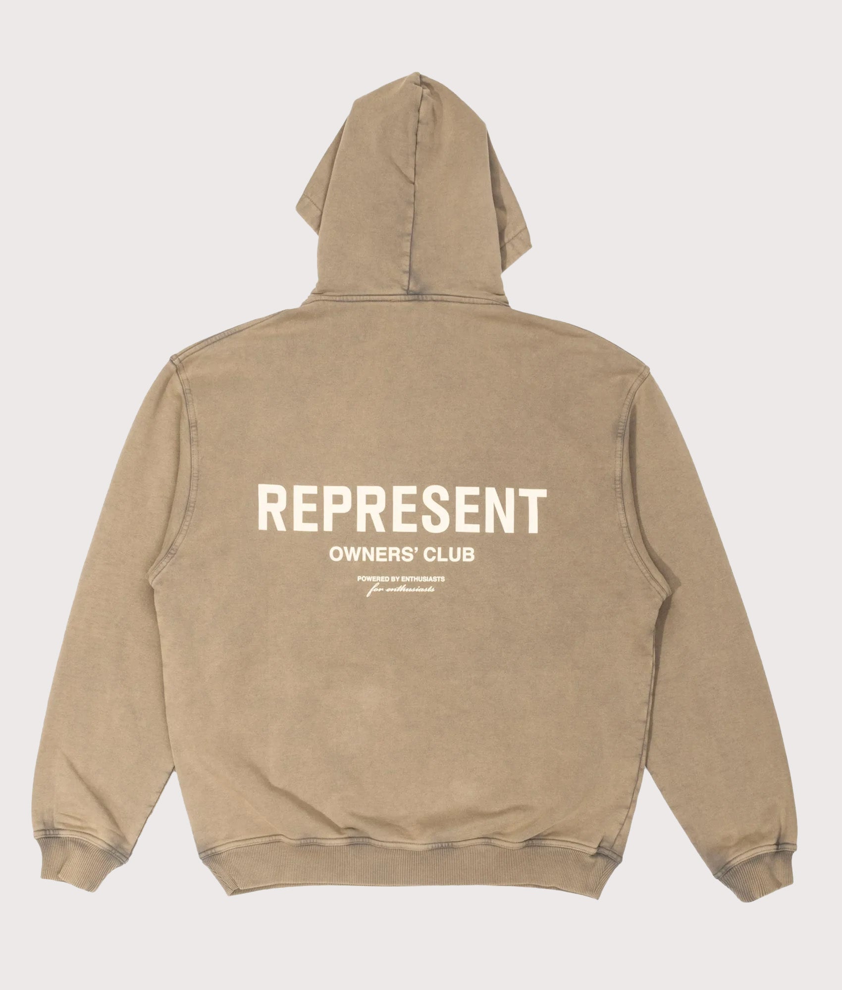 REPRESENT Owners Club Hoodie in Almond at EQVVS Menswear. Back shot.