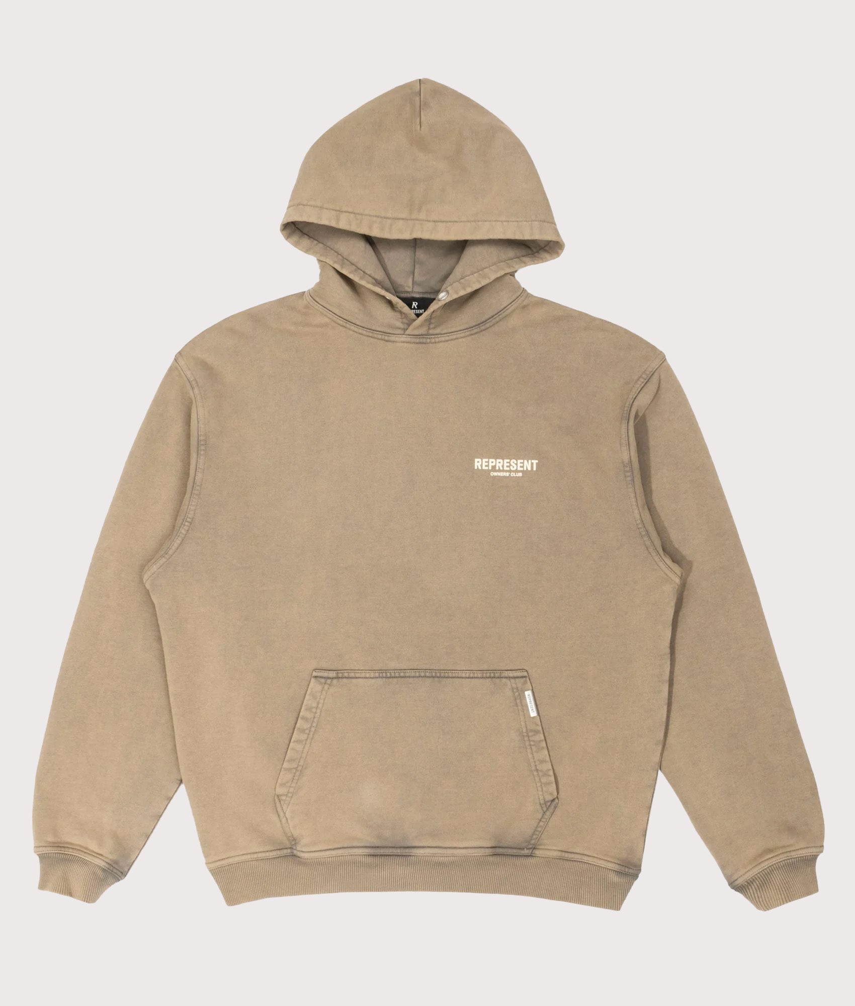 REPRESENT Owners Club Hoodie in Almond at EQVVS Menswear. Front shot.