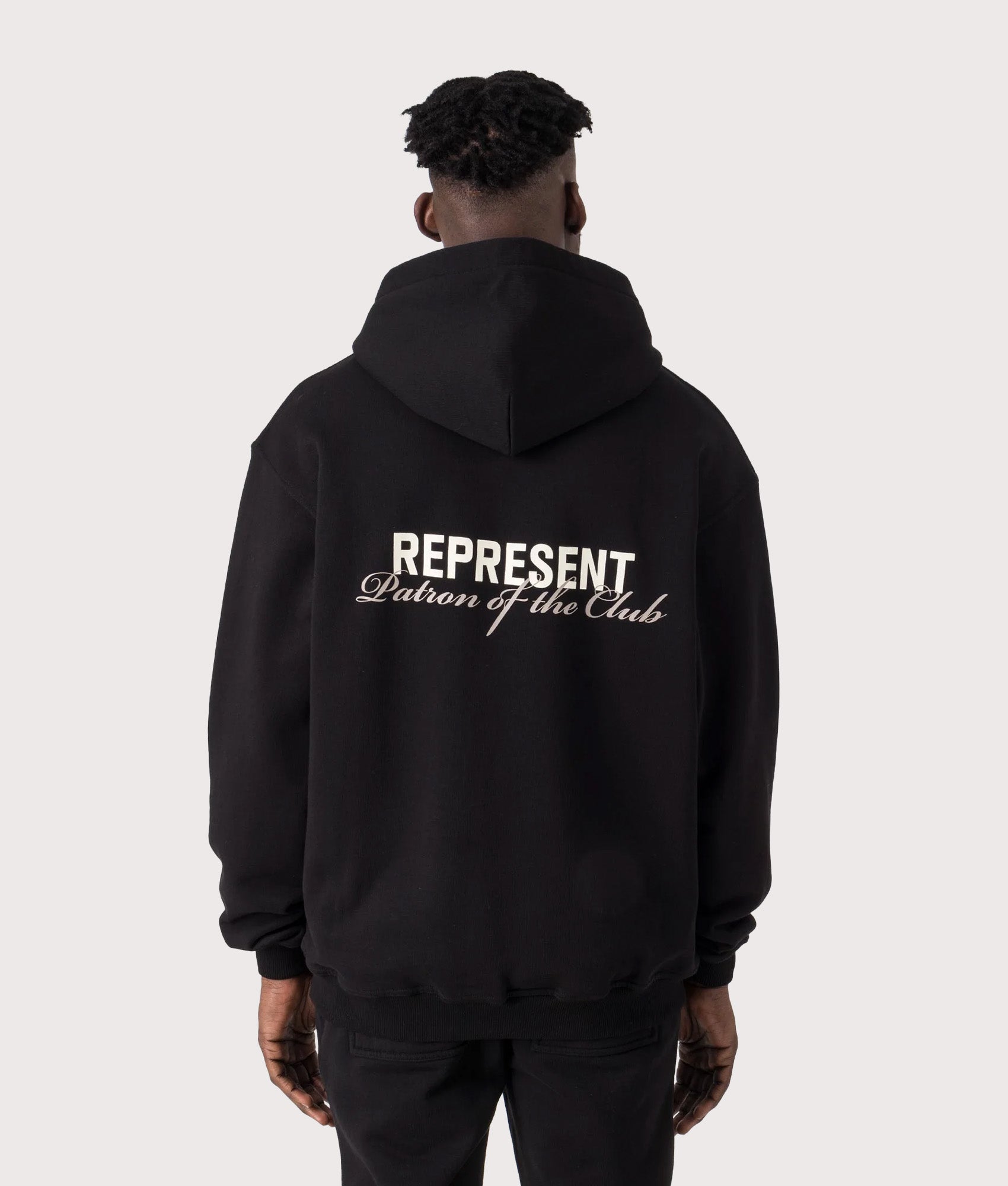 REPRESENT Oversized Patron Of The Club Hoodie in Black at EQVVS Menswear. Back shot.