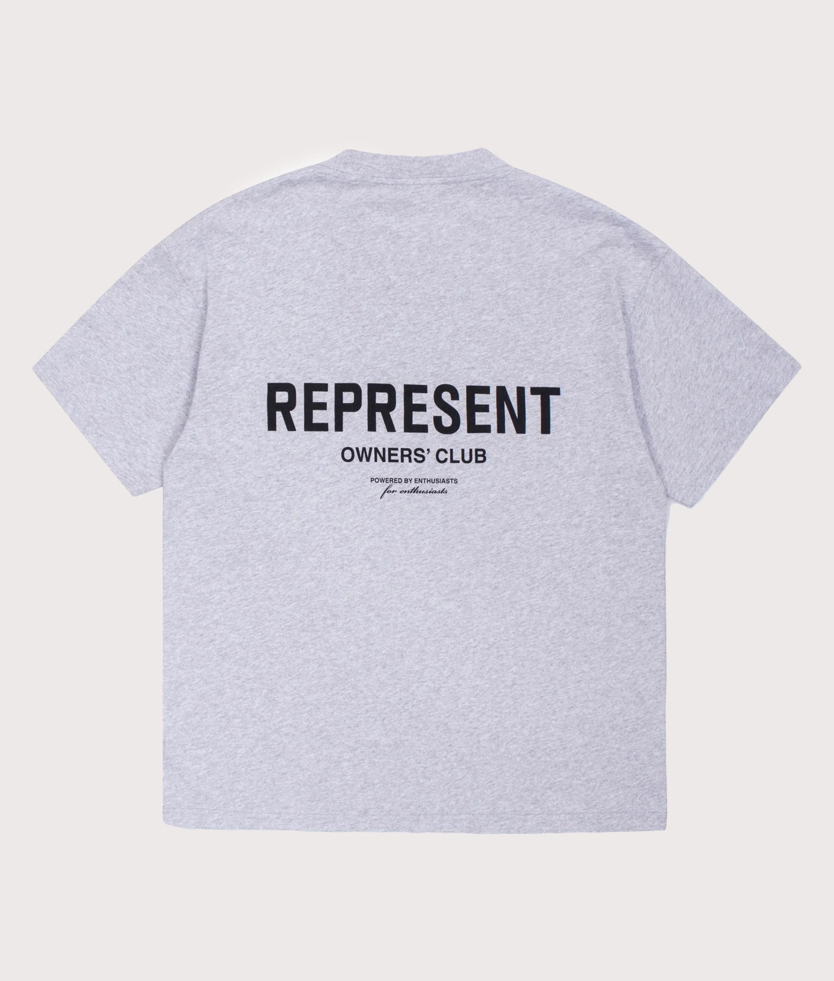 Represent Oversized Fit Owners Club T-Shirt in Grey at EQVVS Menswear. Back shot.
