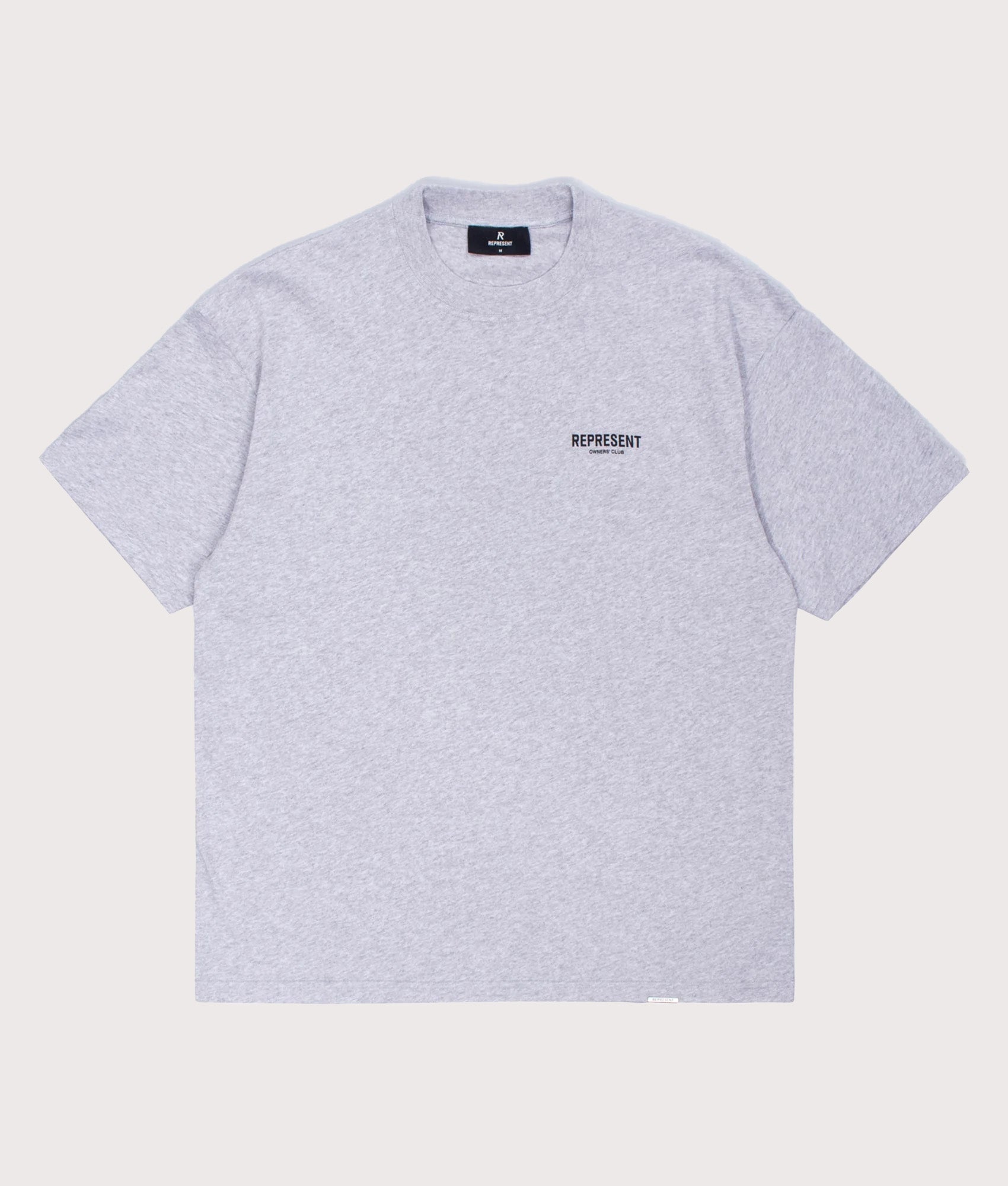 Represent Oversized Fit Owners Club T-Shirt in Grey at EQVVS Menswear. Front shot.