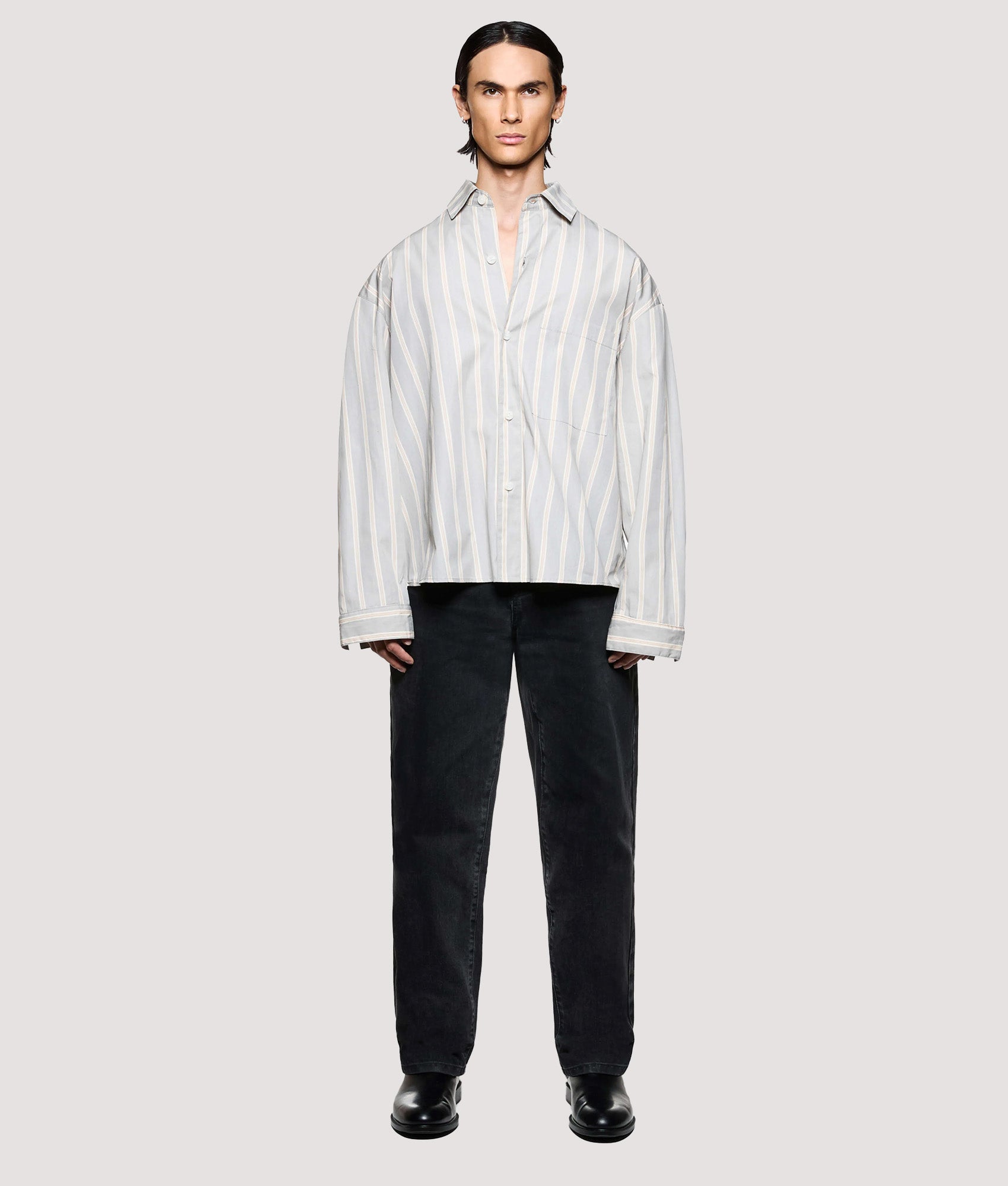 MKI MIYUKI ZOKU Box Fit Poplin Stripe Dress Shirt in Light Grey at EQVVS Menswear. Model full front shot.