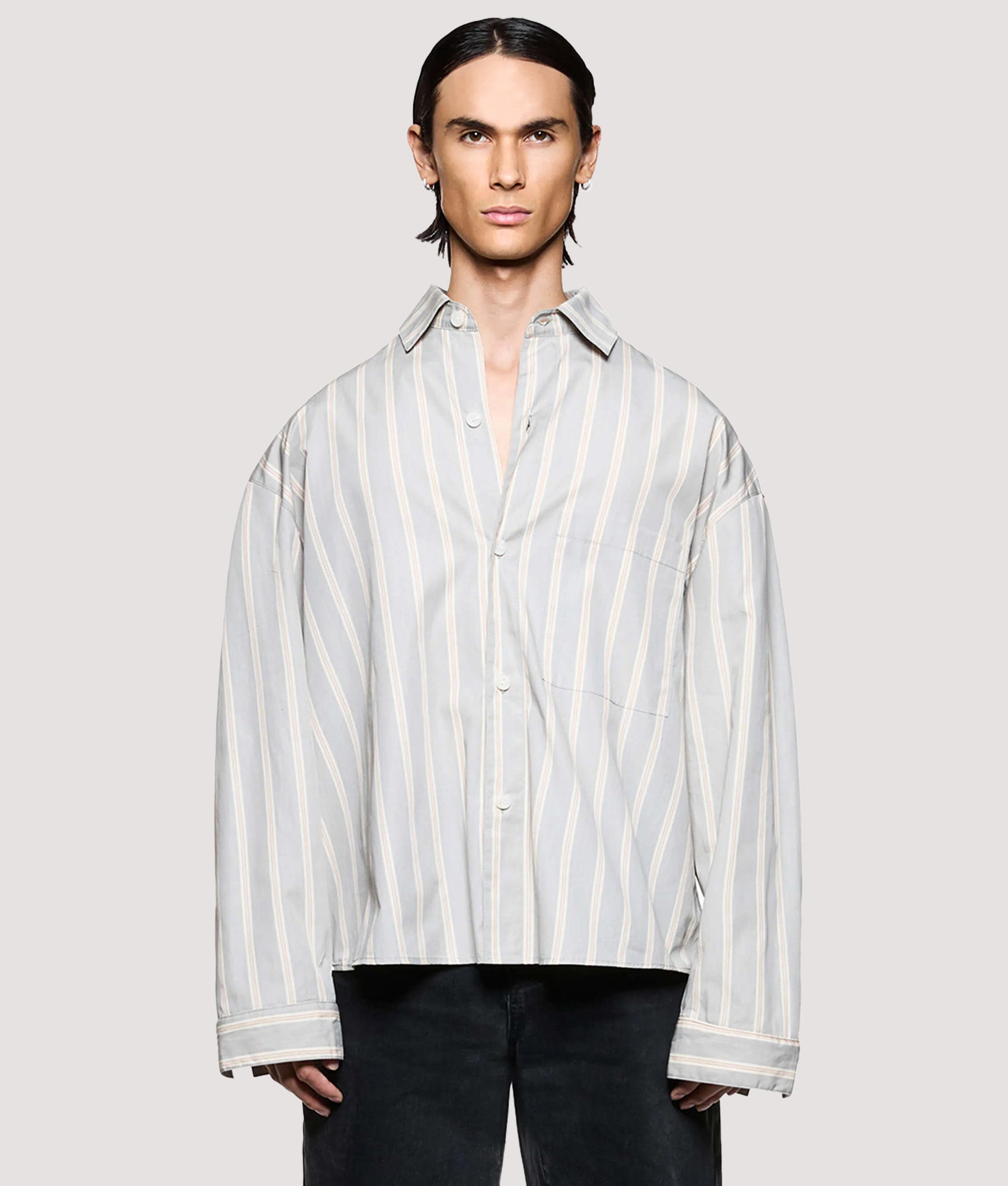 MKI MIYUKI ZOKU Box Fit Poplin Stripe Dress Shirt in Light Grey at EQVVS Menswear. Model front shot.