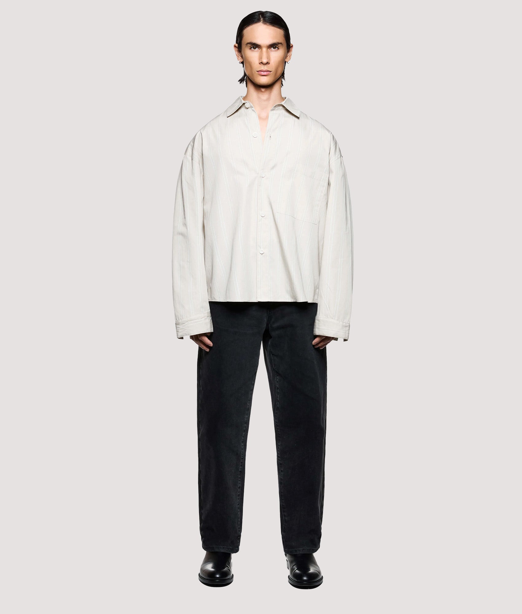 MKI MIYUKI ZOKU Box Fit Poplin Stripe Dress Shirt in Light Sage at EQVVS Menswear. Model full front shot.