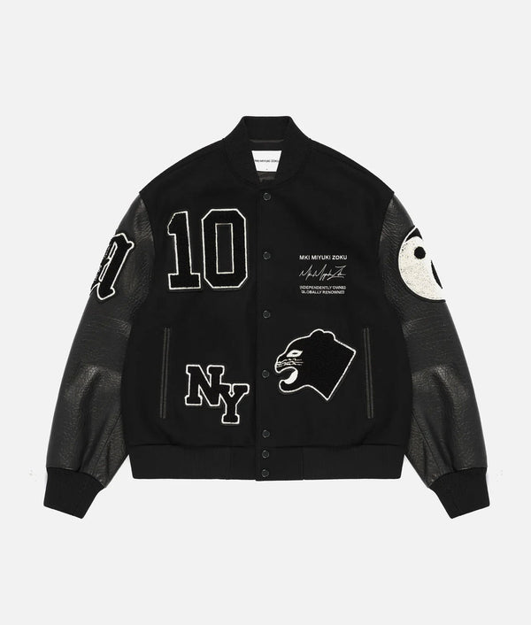Oversized Fit Patch Varsity Jacket Black | MKI Miyuki Zoku | EQVVS