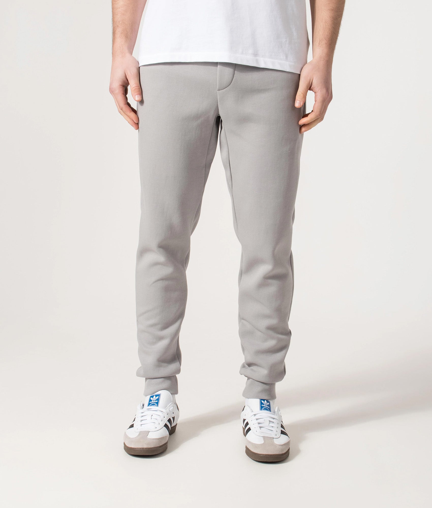 Polo Ralph Lauren Double Knit Pony Logo Joggers in Soft Grey at EQVVS Menswear. Model front shot.