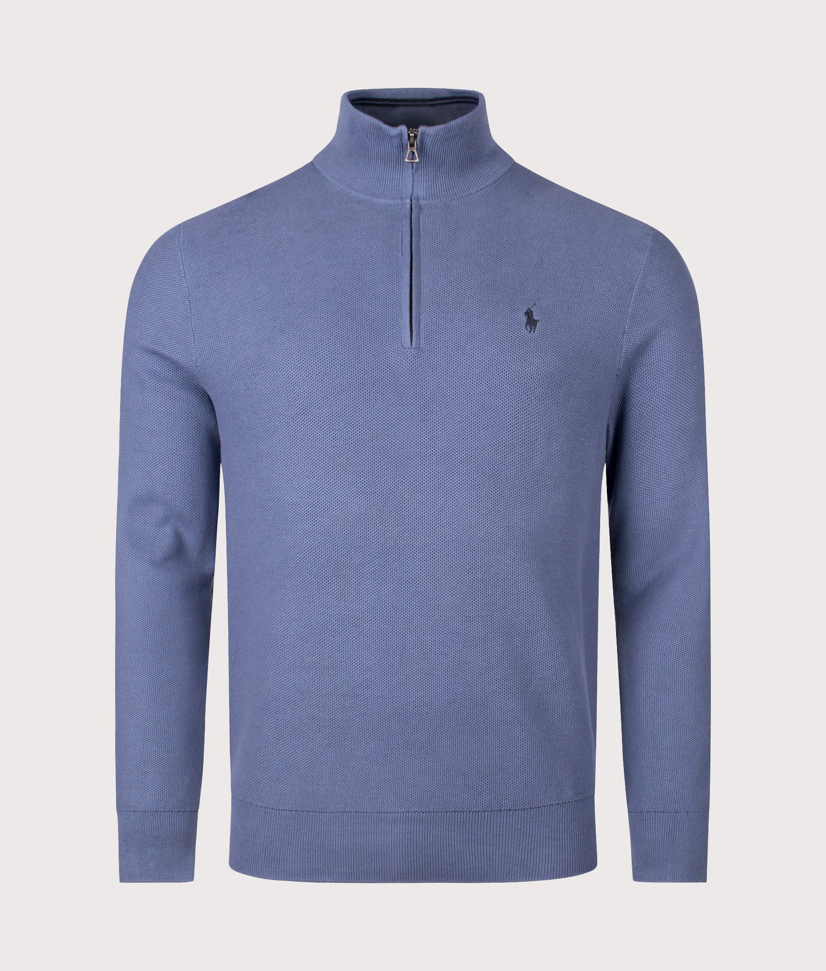 Polo Ralph Lauren Quarter Zip Contrast Logo Knit Jumper in Capri blue at EQVVS Menswear. Front shot.