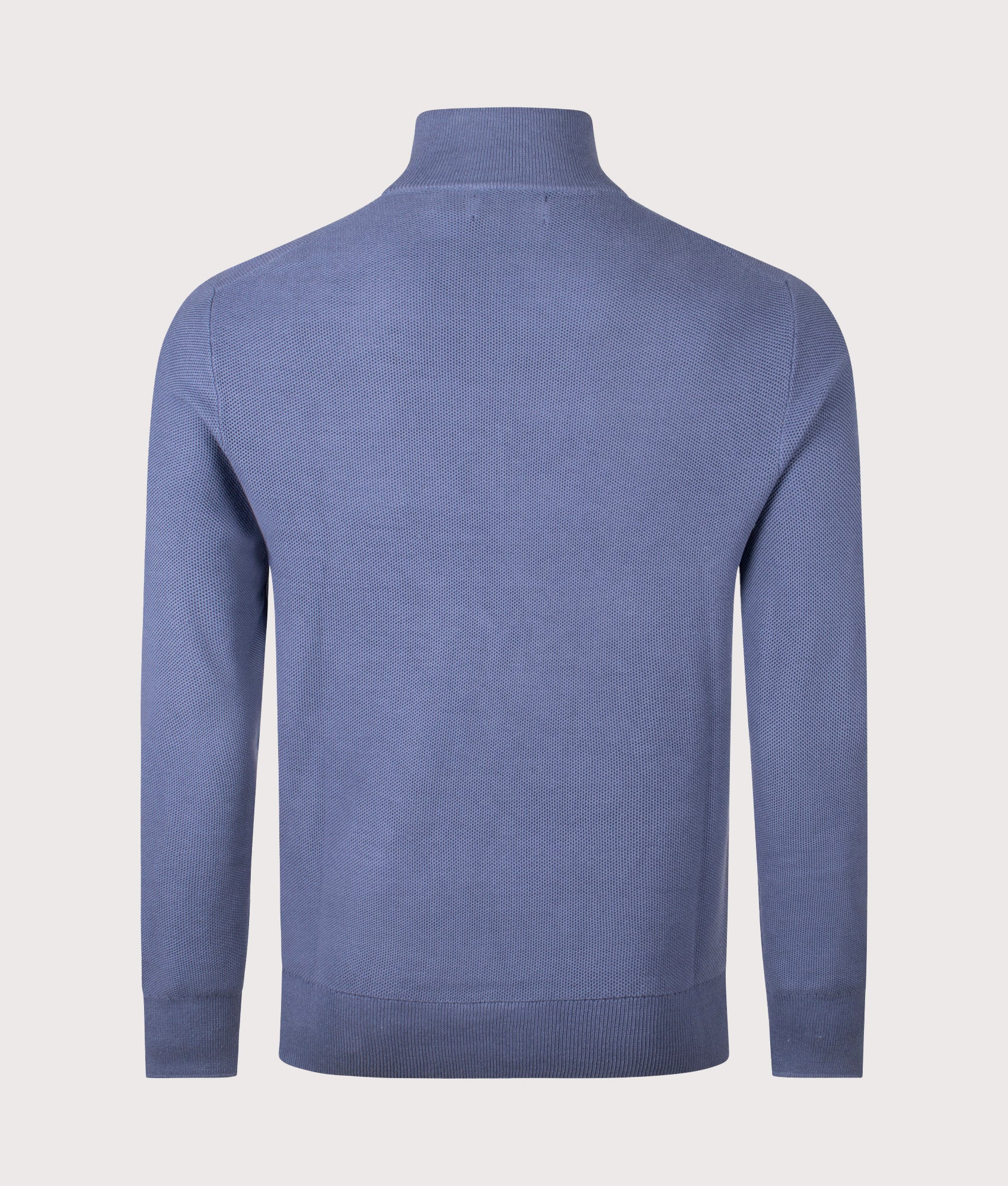 Polo Ralph Lauren Quarter Zip Contrast Logo Knit Jumper in Capri blue at EQVVS Menswear. Back shot.