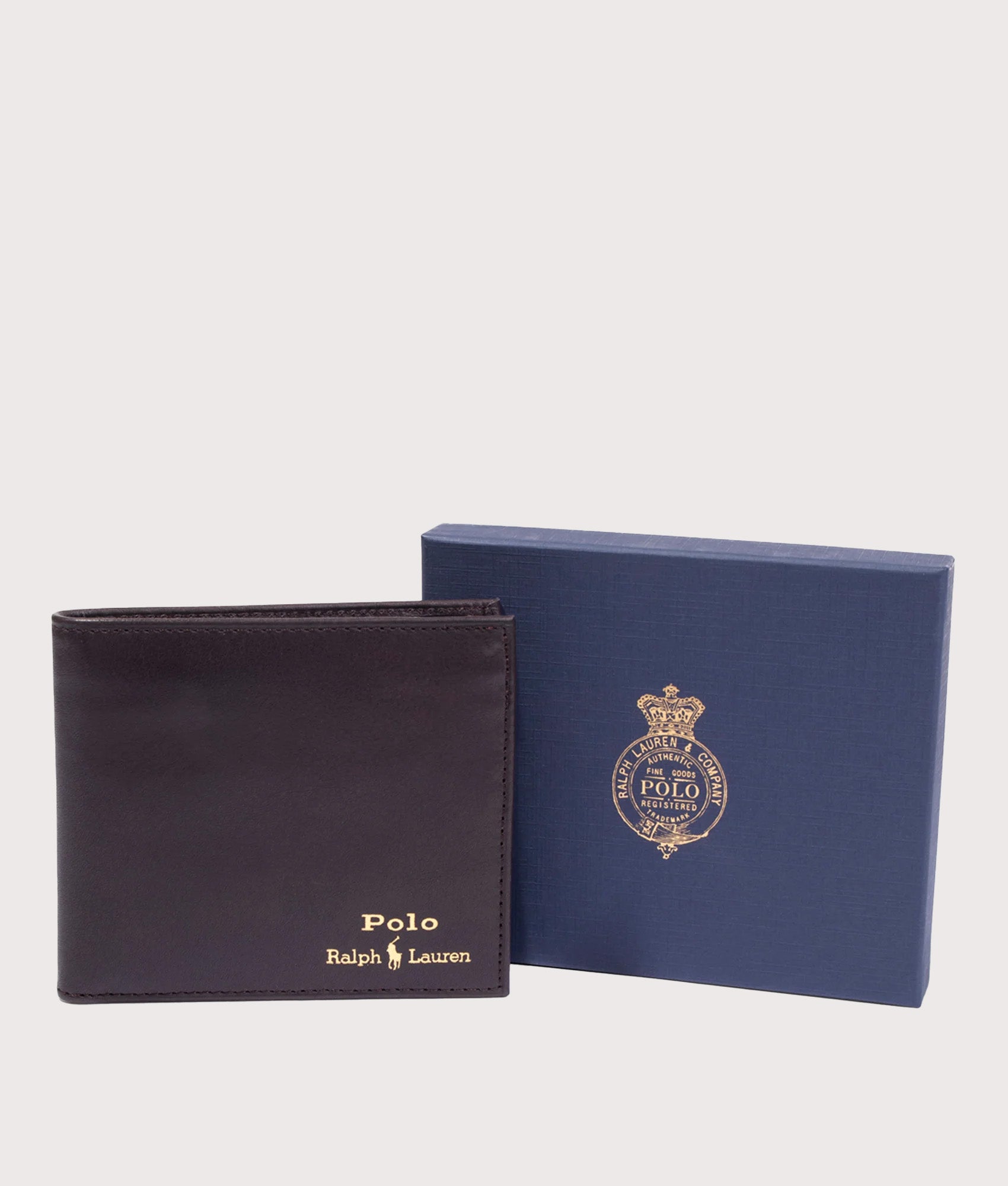 Polo Ralph Lauren Suffolk Billfold Smooth Leather Wallet in Brown at EQVVS Menswear. Front and packaging shot.