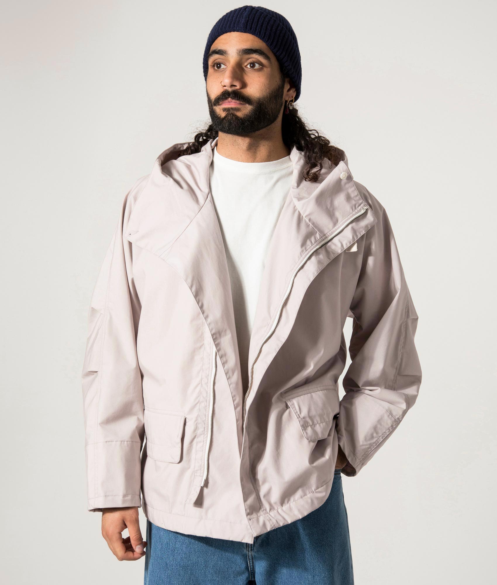 nanamica, Hooded Deck Jacket, Gray Beige, Eqvvs Menswear, Model front shot 